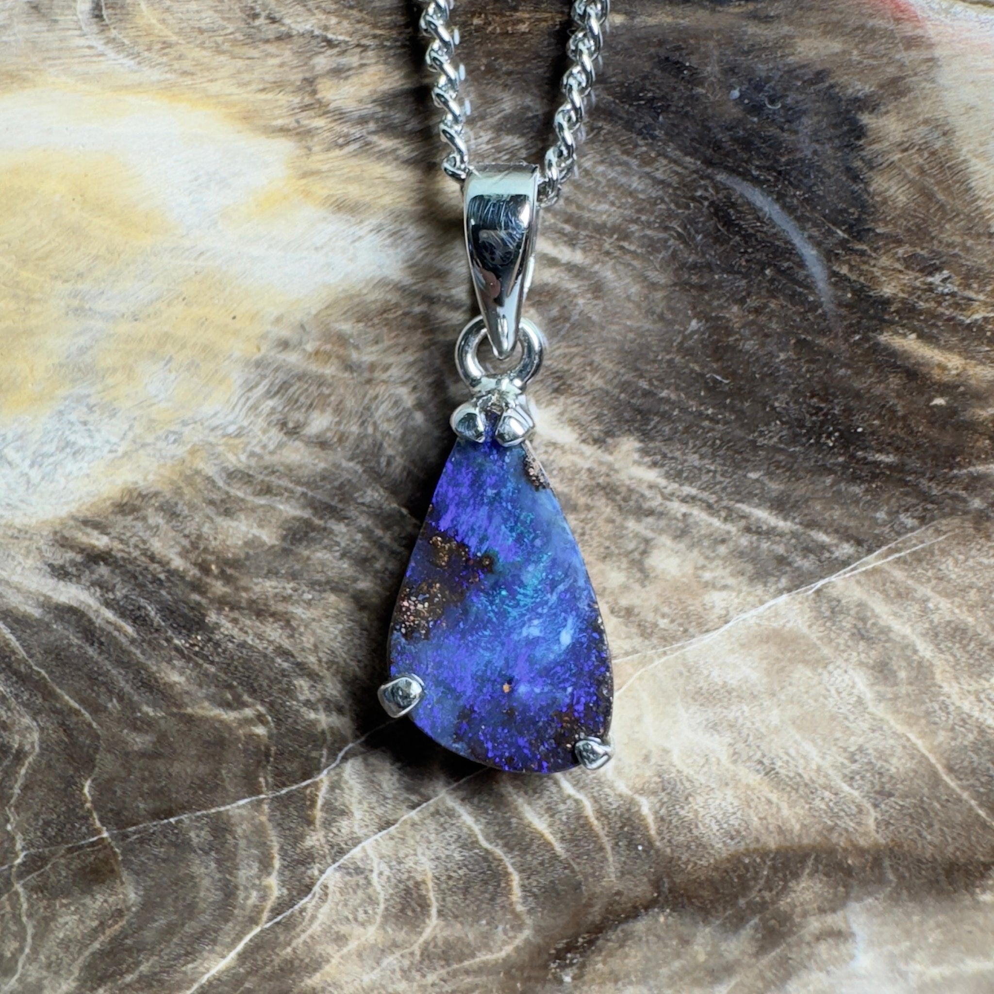 Strzelecki Nocturne ~ Queensland Boulder Opal 925 Sterling Silver Pendant Necklace