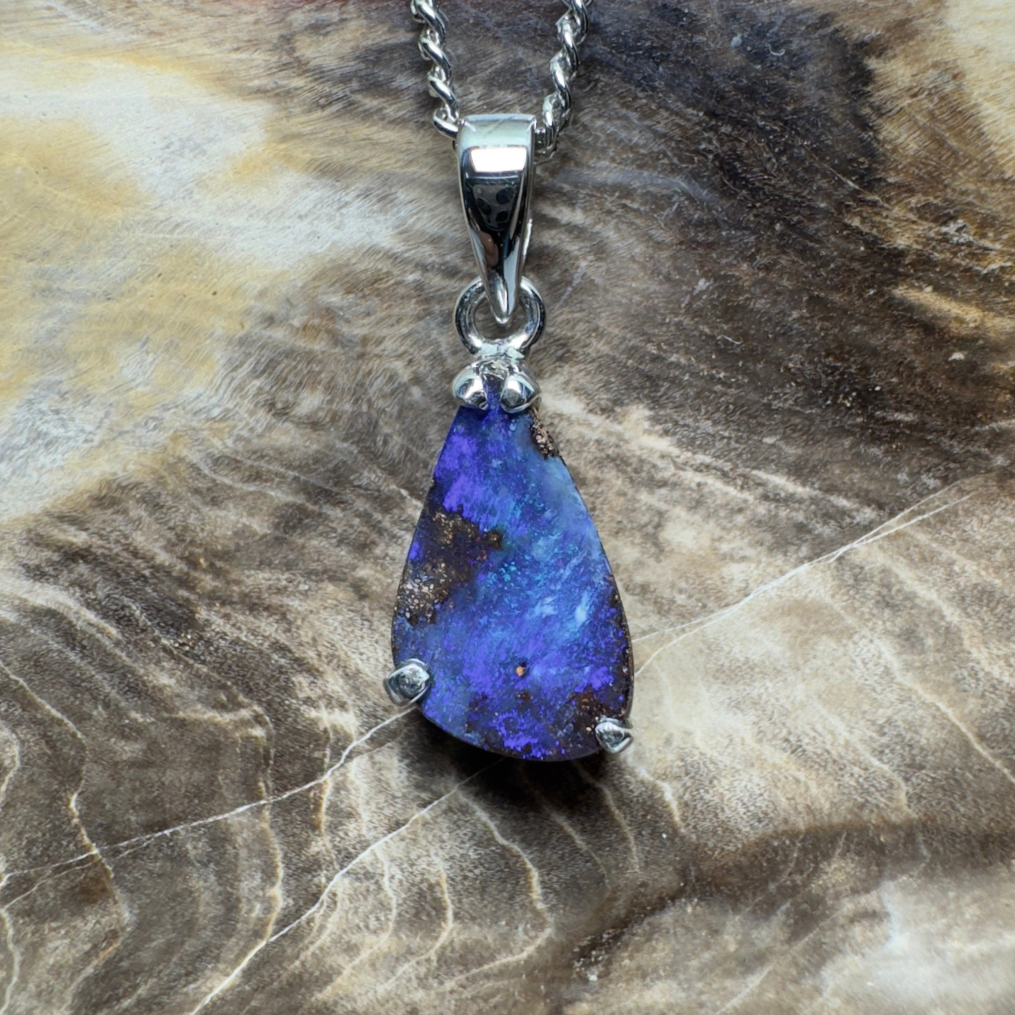 Strzelecki Nocturne ~ Queensland Boulder Opal 925 Sterling Silver Pendant Necklace