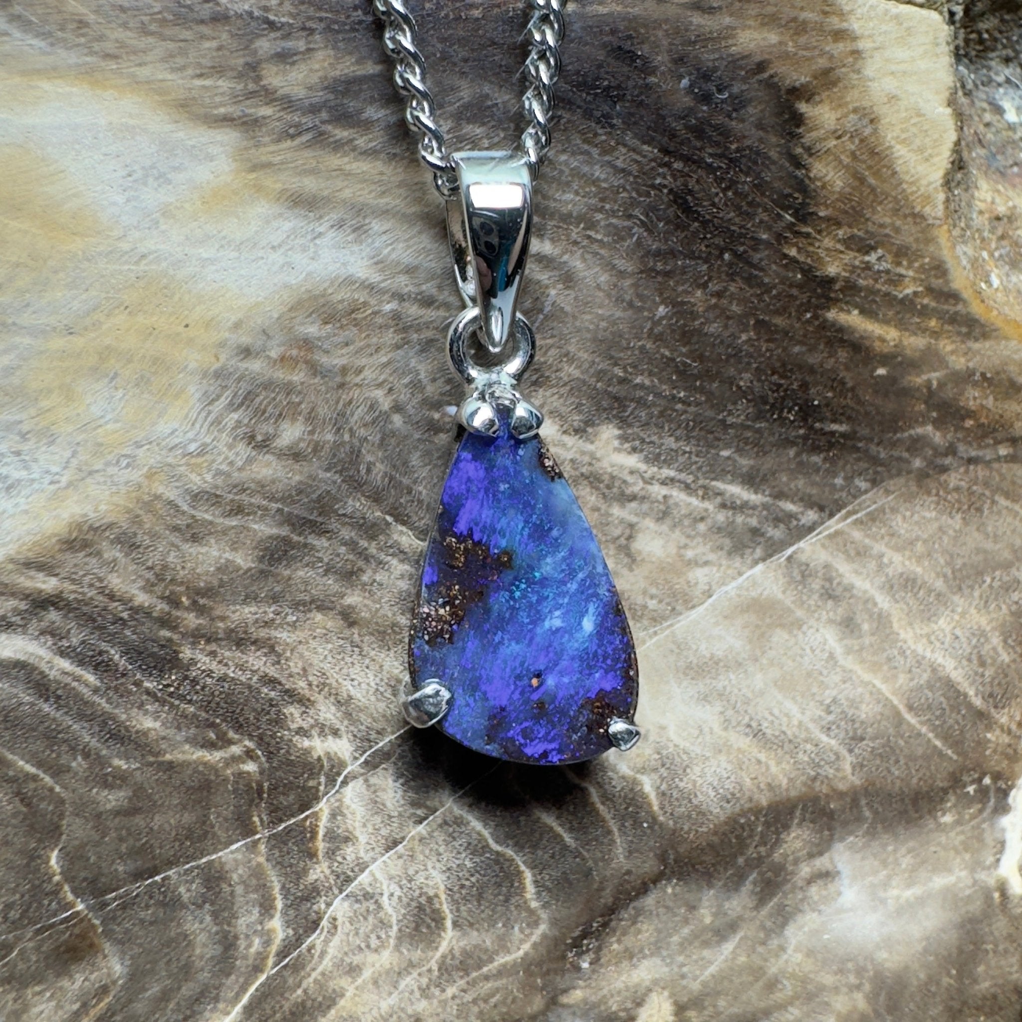 Strzelecki Nocturne ~ Queensland Boulder Opal 925 Sterling Silver Pendant Necklace