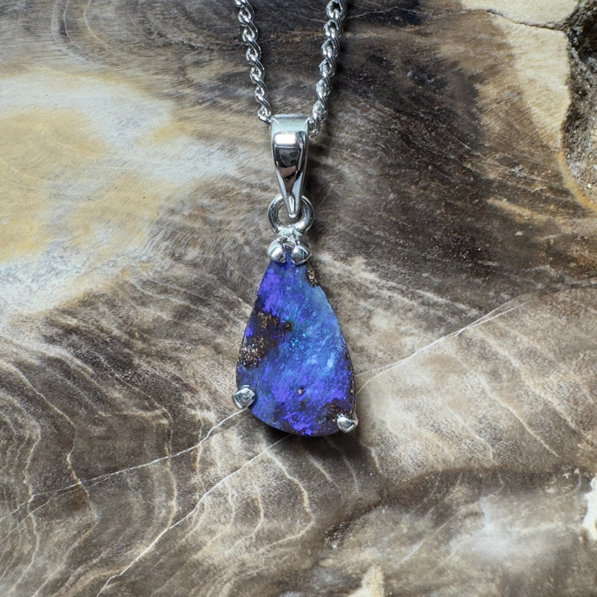 Strzelecki Nocturne ~ Queensland Boulder Opal 925 Sterling Silver Pendant Necklace