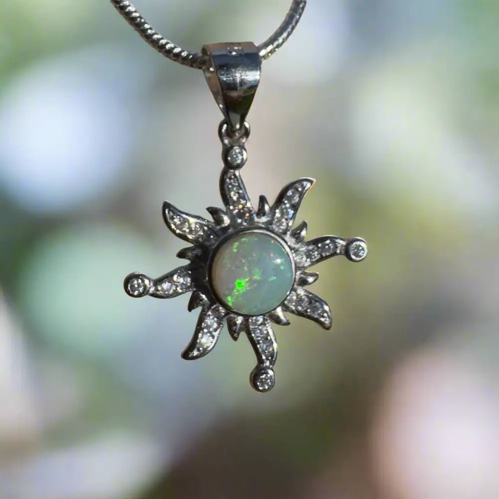 'Sun Gazer' ~ Handcrafted 0.8ct Solid Lightning Ridge Opal and Cubic Zirconia 925 Sterling Silver Sun Pendant
