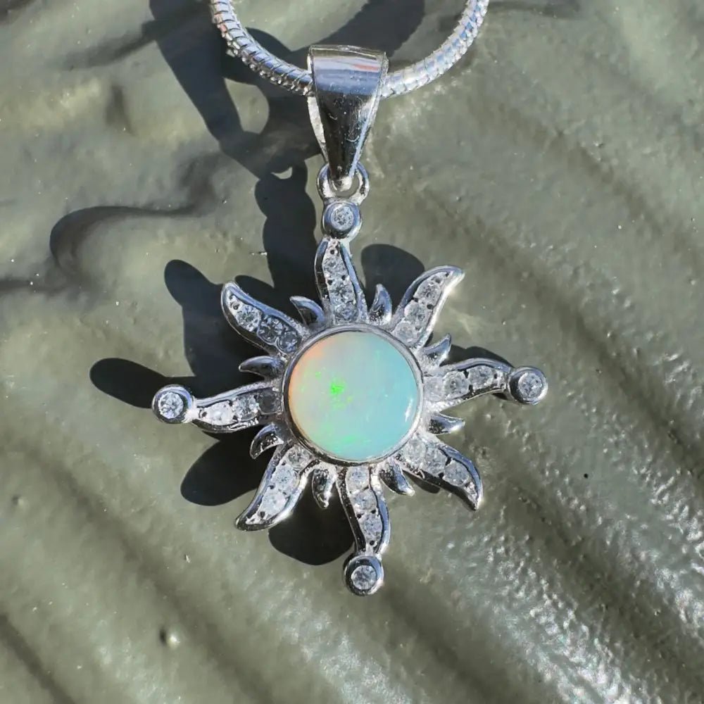 'Sun Gazer' ~ Handcrafted 0.8ct Solid Lightning Ridge Opal and Cubic Zirconia 925 Sterling Silver Sun Pendant