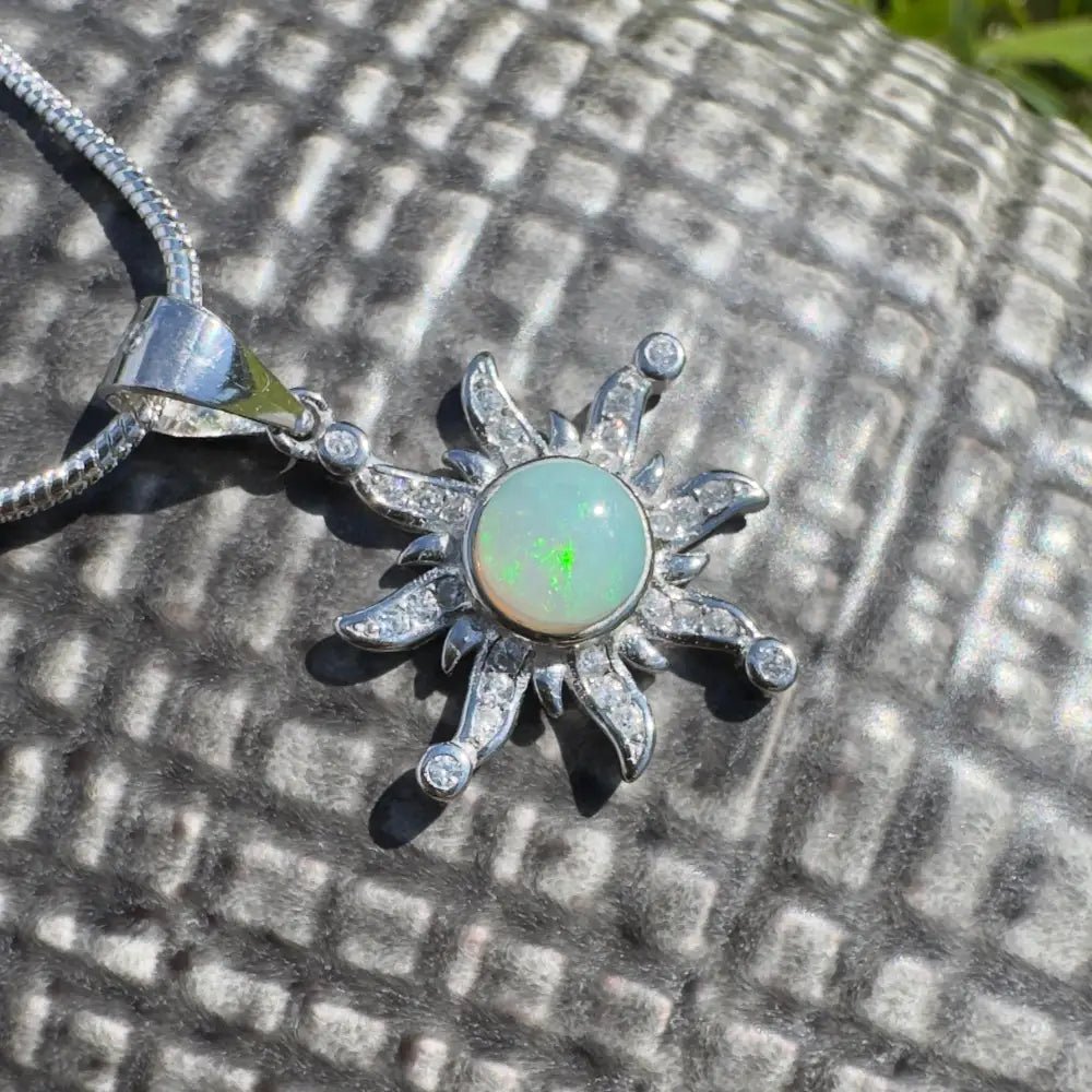 'Sun Gazer' ~ Handcrafted 0.8ct Solid Lightning Ridge Opal and Cubic Zirconia 925 Sterling Silver Sun Pendant
