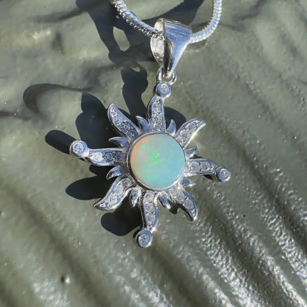 'Sun Gazer' ~ Handcrafted 0.8ct Solid Lightning Ridge Opal and Cubic Zirconia 925 Sterling Silver Sun Pendant