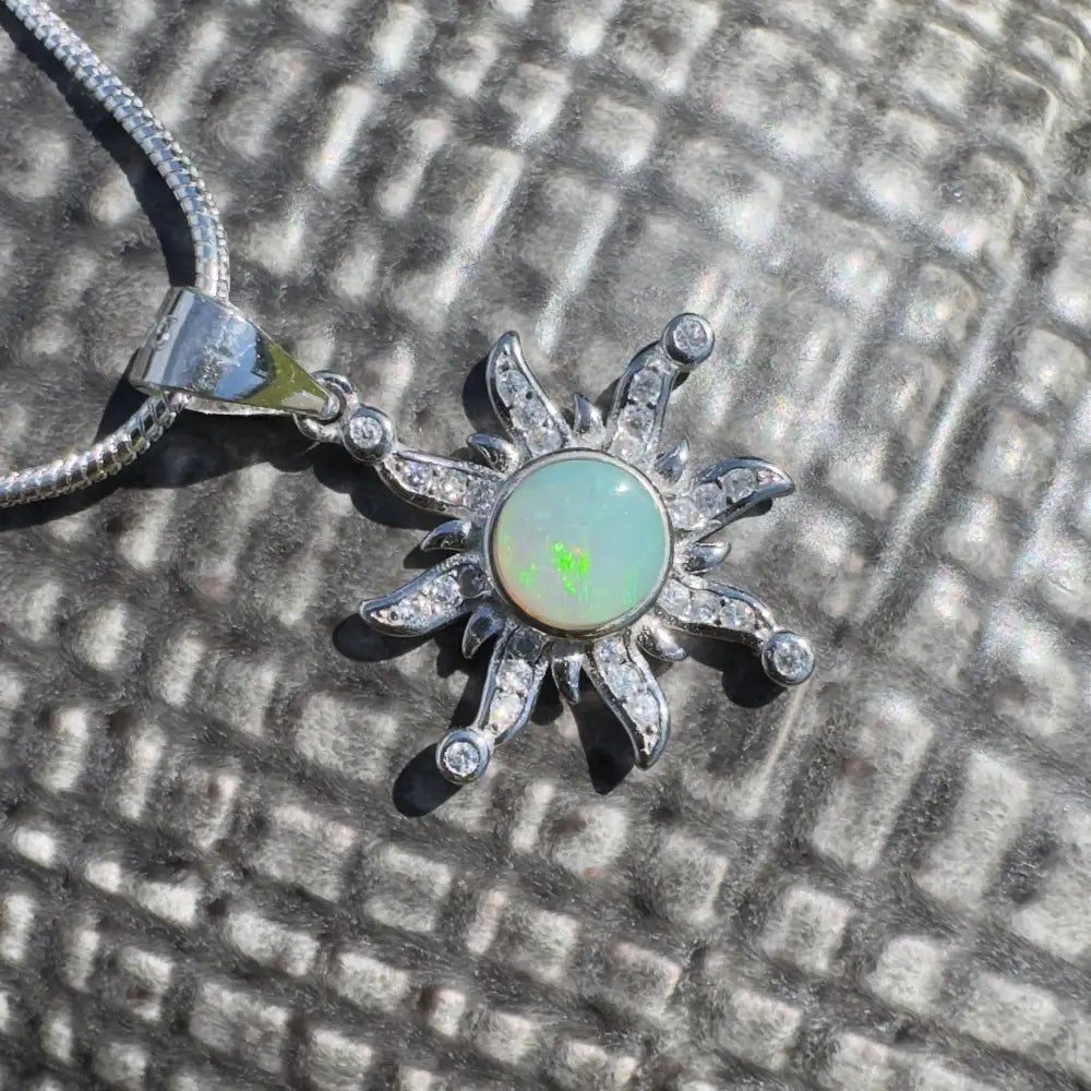 'Sun Gazer' ~ Handcrafted 0.8ct Solid Lightning Ridge Opal and Cubic Zirconia 925 Sterling Silver Sun Pendant