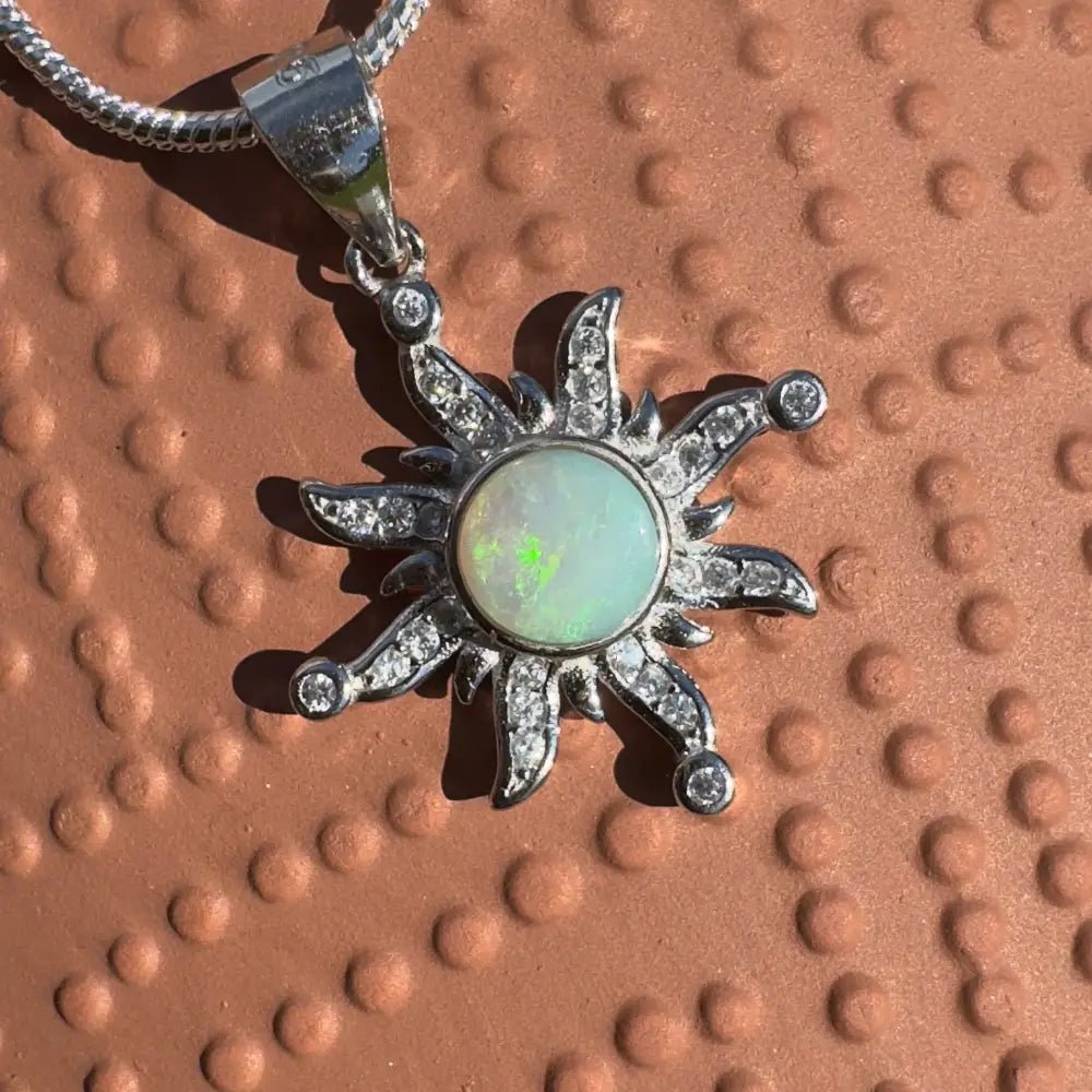 'Sun Gazer' ~ Handcrafted 0.8ct Solid Lightning Ridge Opal and Cubic Zirconia 925 Sterling Silver Sun Pendant