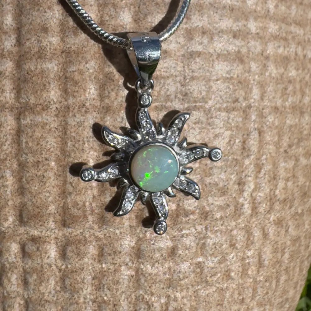 'Sun Gazer' ~ Handcrafted 0.8ct Solid Lightning Ridge Opal and Cubic Zirconia 925 Sterling Silver Sun Pendant