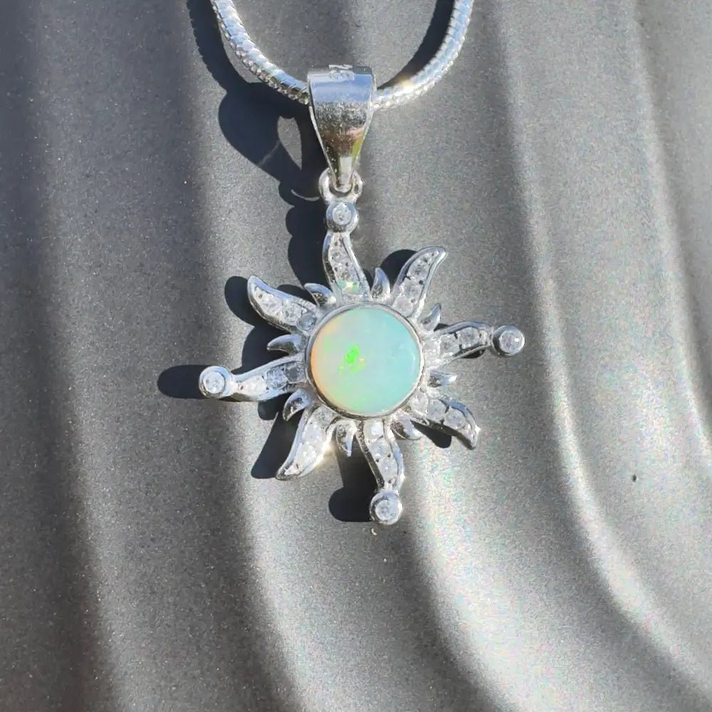 'Sun Gazer' ~ Handcrafted 0.8ct Solid Lightning Ridge Opal and Cubic Zirconia 925 Sterling Silver Sun Pendant