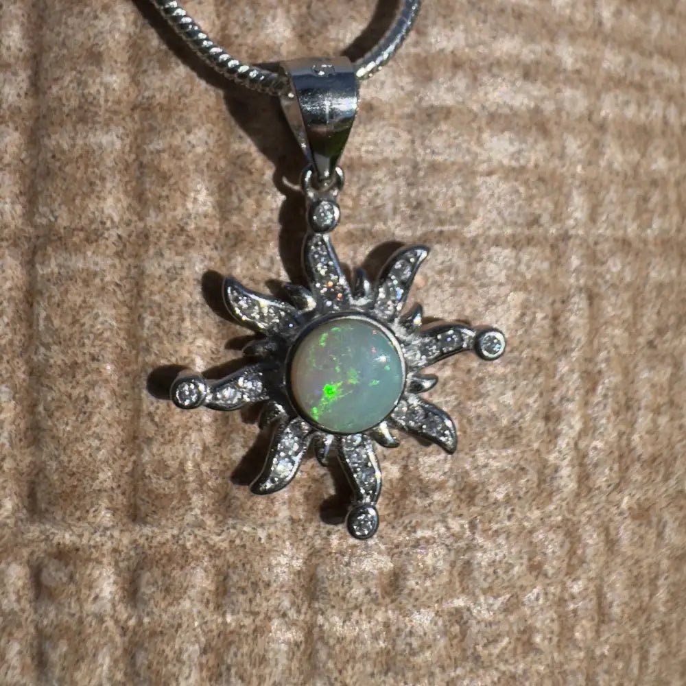 'Sun Gazer' ~ Handcrafted 0.8ct Solid Lightning Ridge Opal and Cubic Zirconia 925 Sterling Silver Sun Pendant