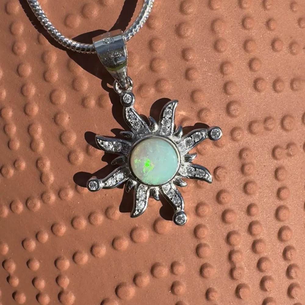 'Sun Gazer' ~ Handcrafted 0.8ct Solid Lightning Ridge Opal and Cubic Zirconia 925 Sterling Silver Sun Pendant