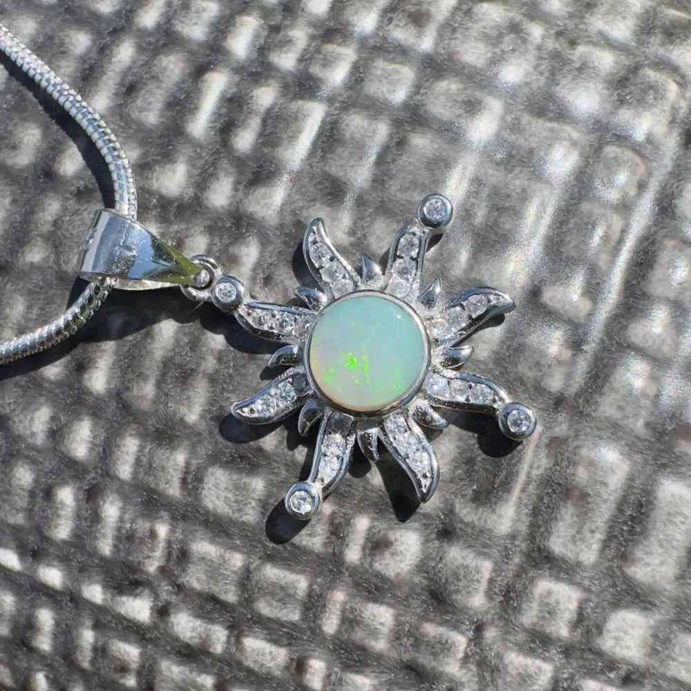 'Sun Gazer' ~ Handcrafted 0.8ct Solid Lightning Ridge Opal and Cubic Zirconia 925 Sterling Silver Sun Pendant