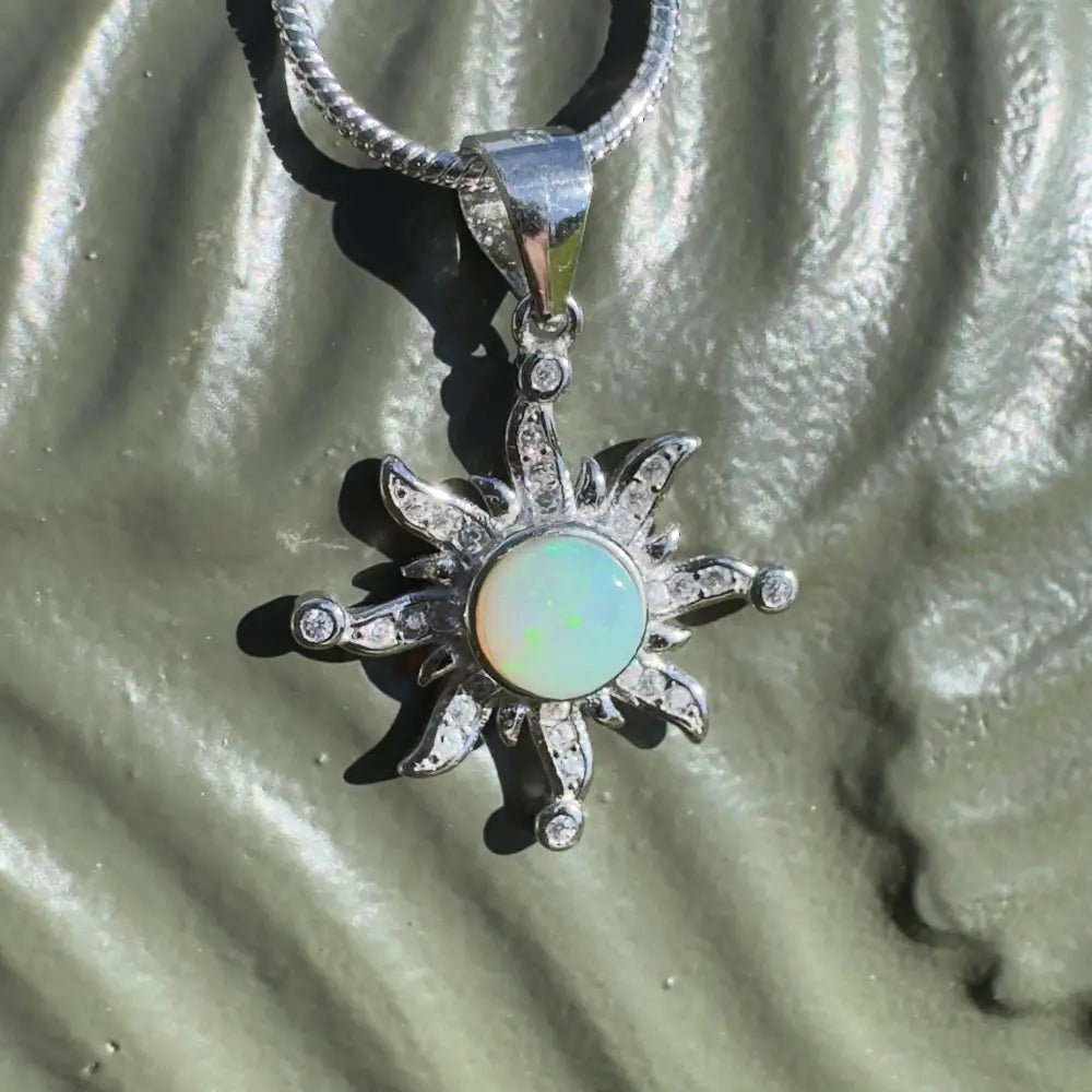 'Sun Gazer' ~ Handcrafted 0.8ct Solid Lightning Ridge Opal and Cubic Zirconia 925 Sterling Silver Sun Pendant