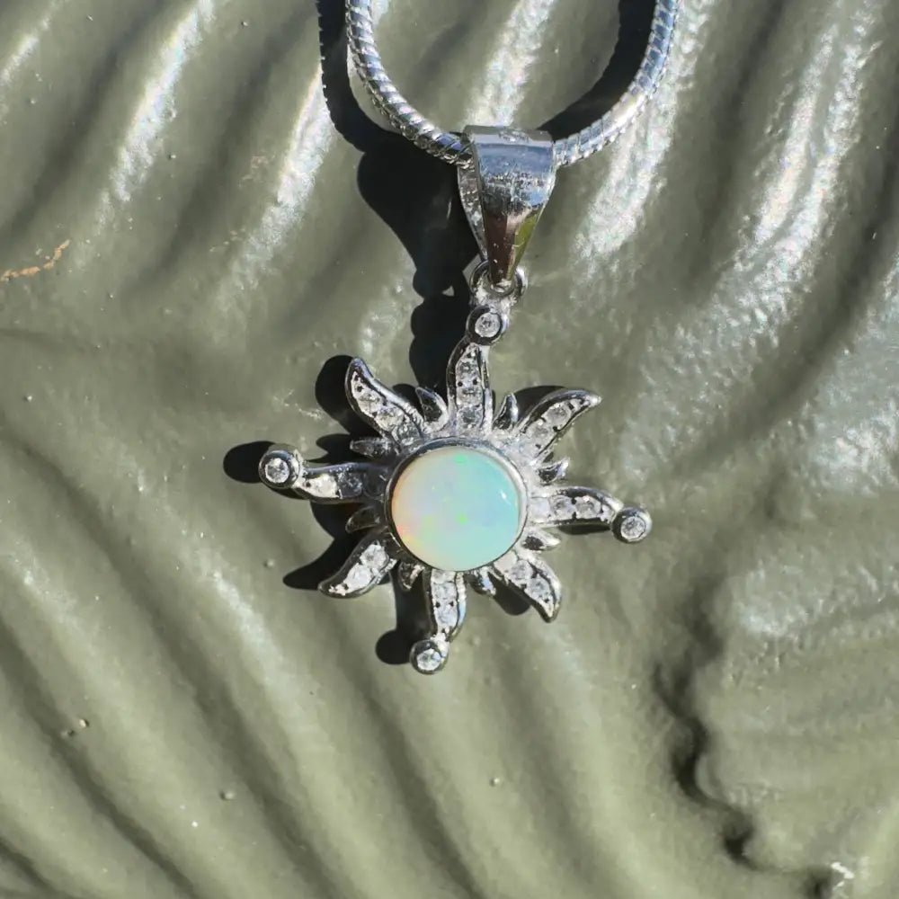 'Sun Gazer' ~ Handcrafted 0.8ct Solid Lightning Ridge Opal and Cubic Zirconia 925 Sterling Silver Sun Pendant