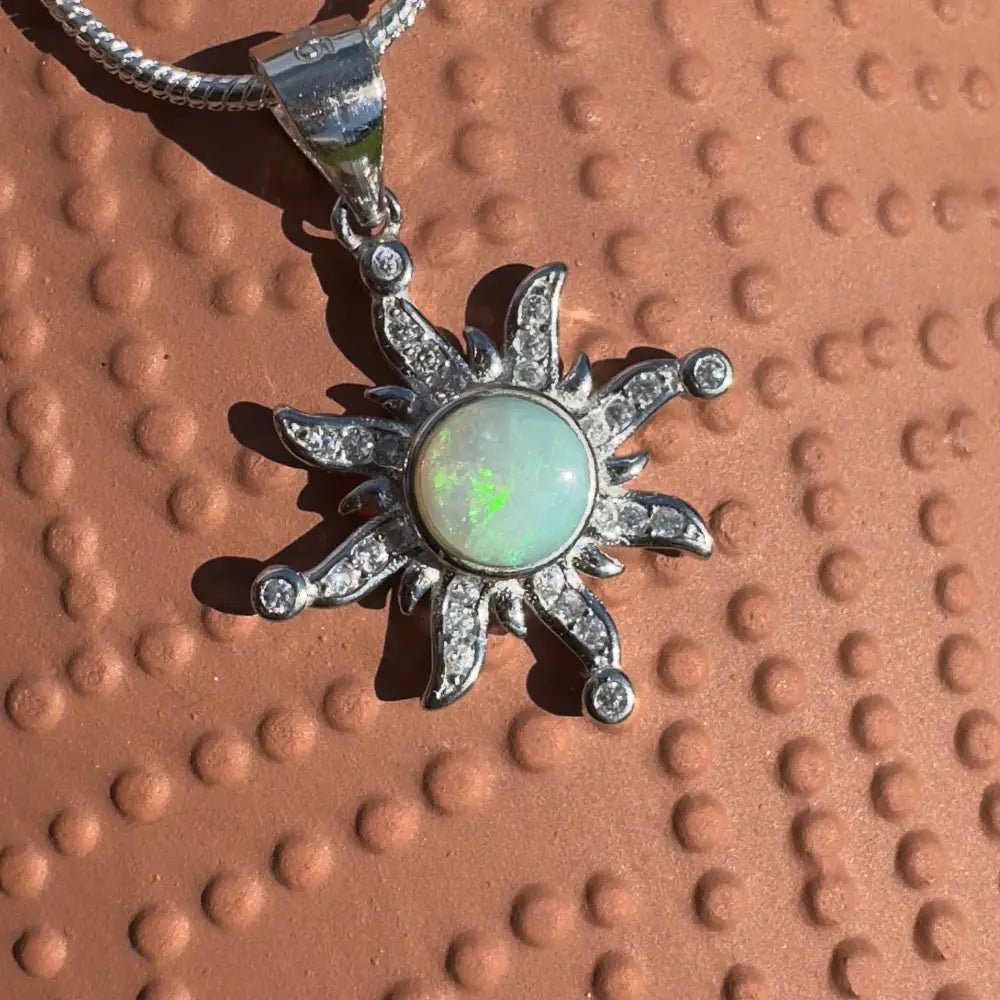 'Sun Gazer' ~ Handcrafted 0.8ct Solid Lightning Ridge Opal and Cubic Zirconia 925 Sterling Silver Sun Pendant