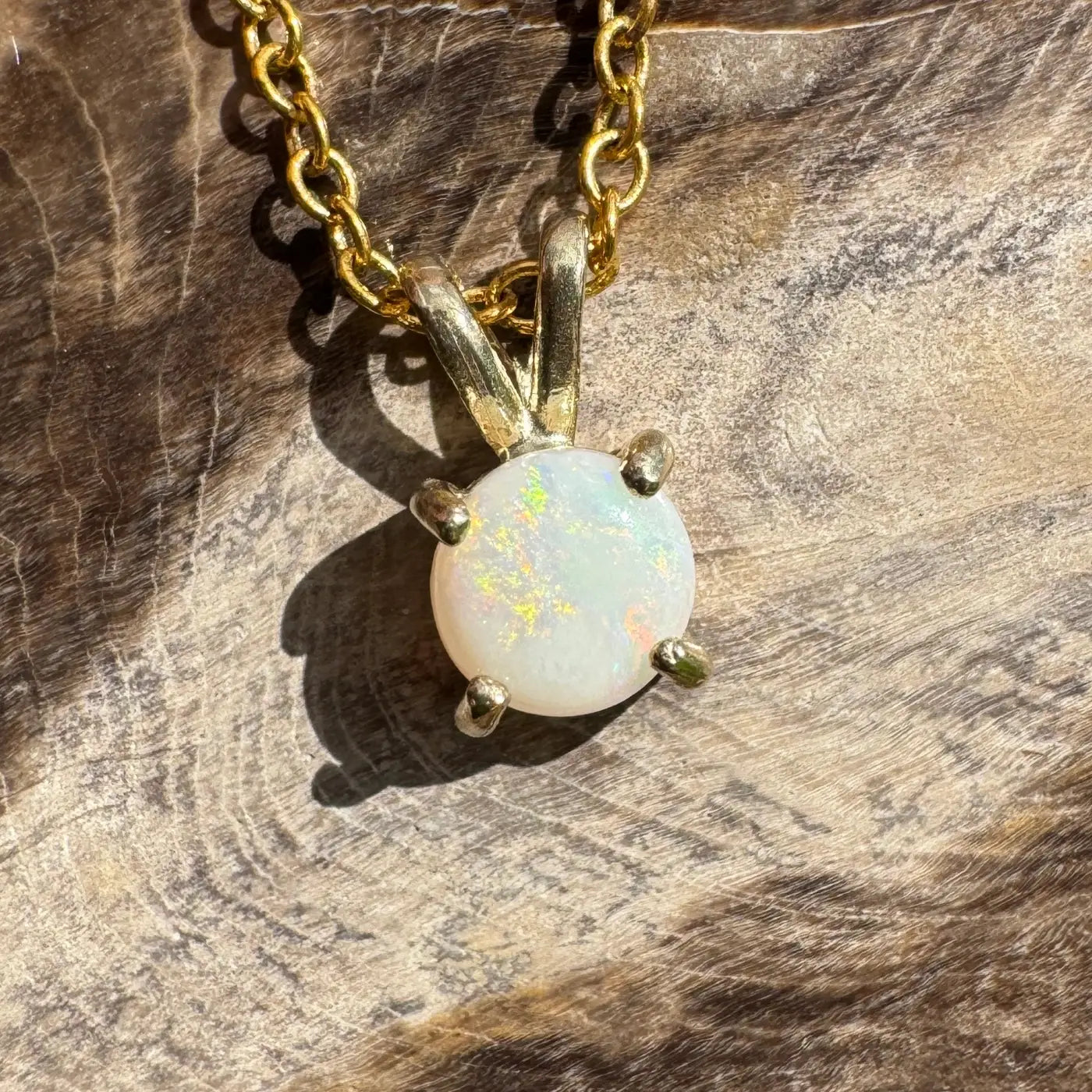 Gold chain with handcrafted 9ct solid gold coober pedy opal pendant named Sunflare