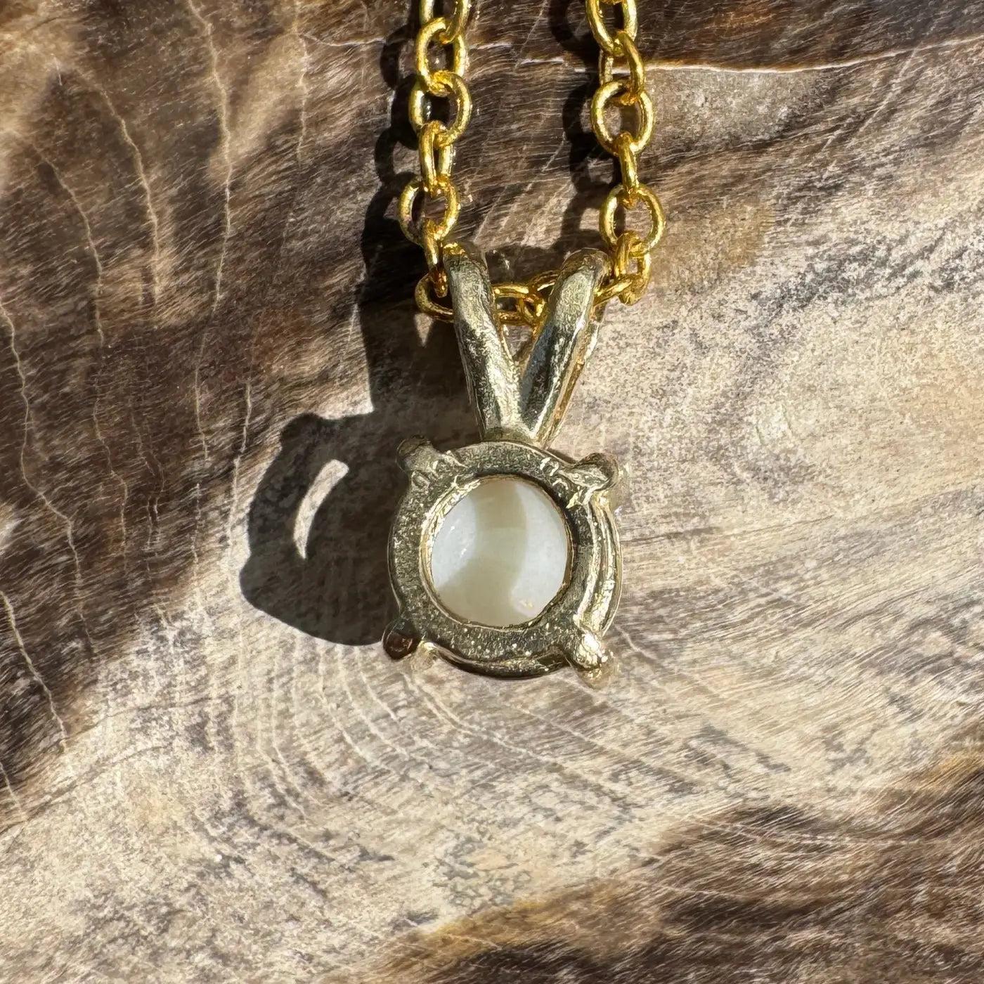 Gold necklace with pearl pendant from Sunflare handcrafted 9ct solid gold and Coober Pedy opal