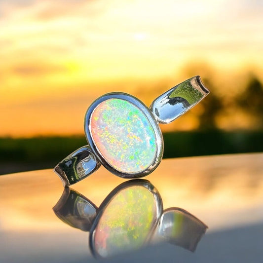 Sunrise Hollow ~ 0.7ct Solid Coober Pedy Crystal Opal 925 Sterling Silver Ring