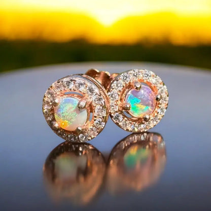 ’Sunset Dreams and Ocean Tides’ ~ Handcrafted 0.4ct Solid Lightning Ridge Opal and Cubic Zirconia Earrings