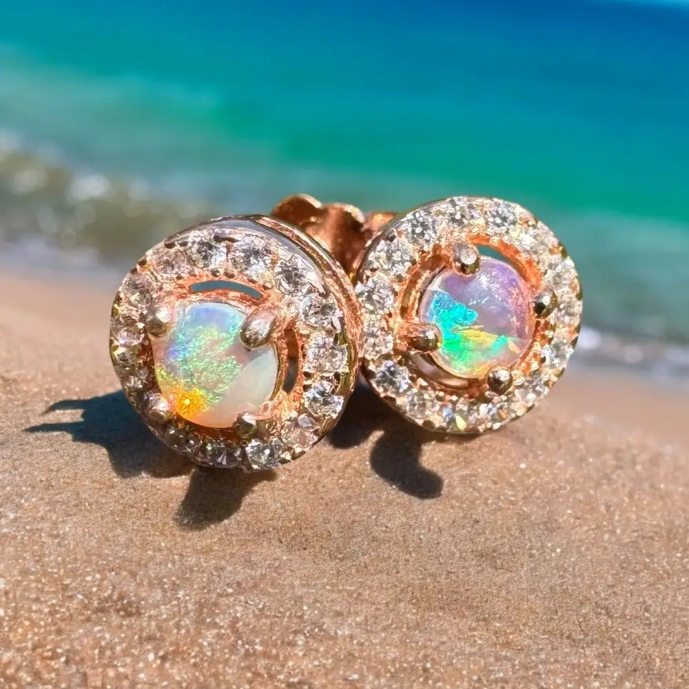 ’Sunset Dreams and Ocean Tides’ ~ Handcrafted 0.4ct Solid Lightning Ridge Opal and Cubic Zirconia Earrings