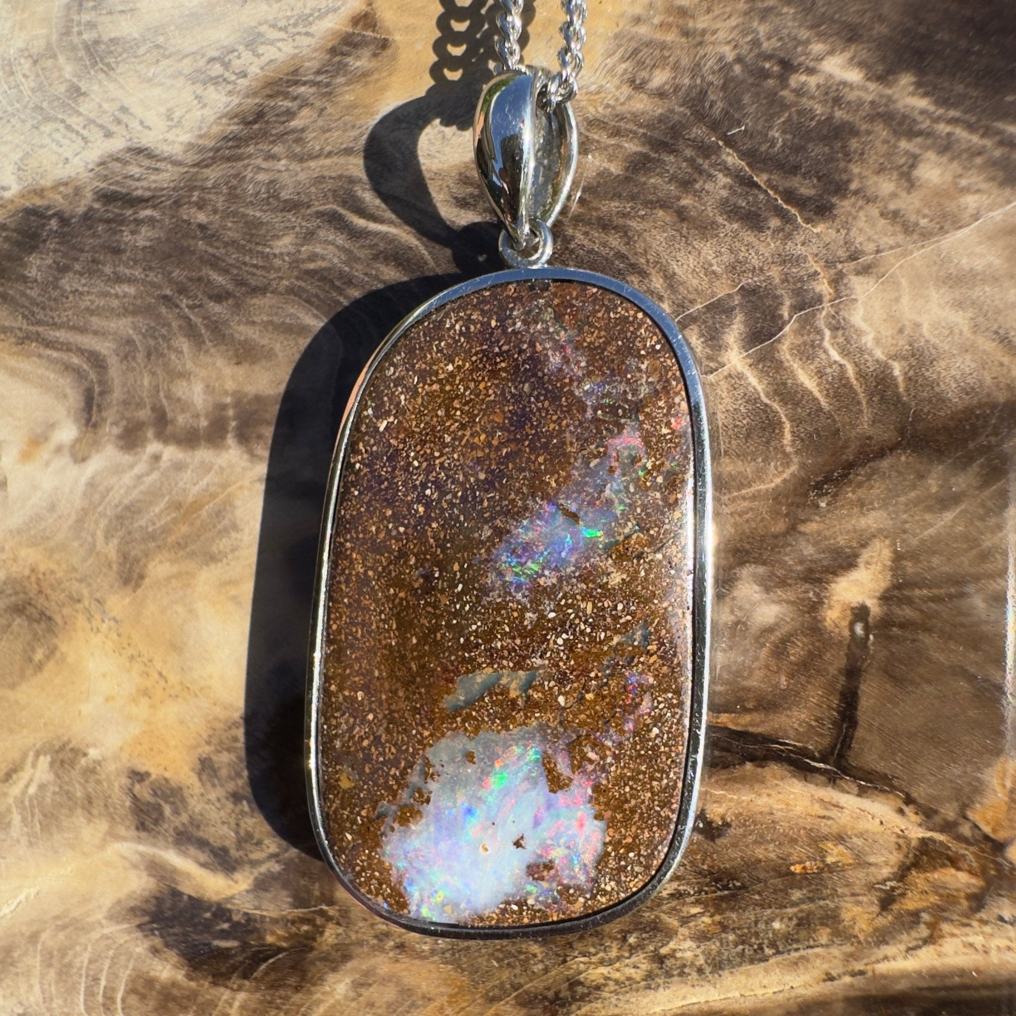 Sunset Reef Drift ~ Queensland Boulder Opal 925 Sterling Silver Pendant Necklace