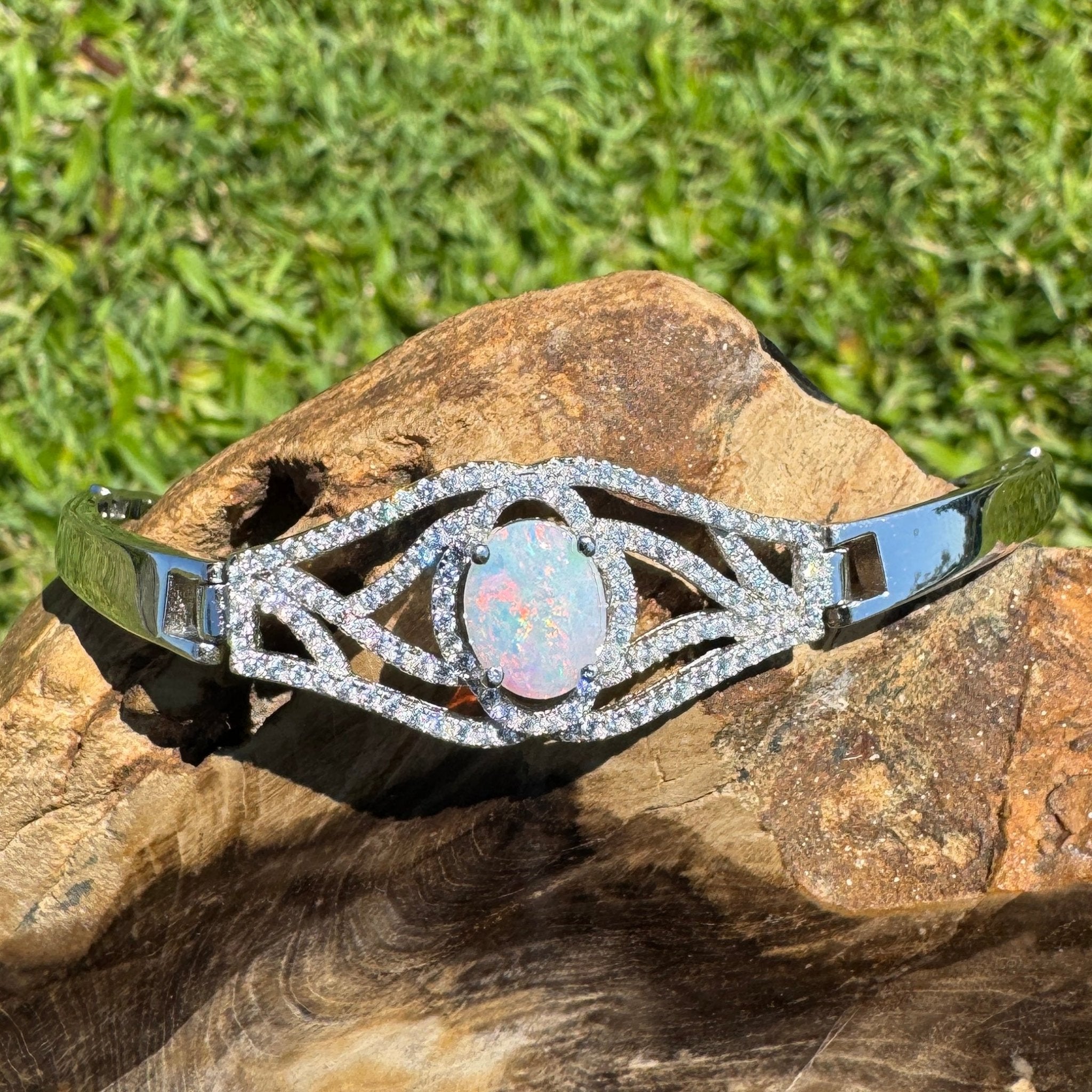 Sydney Shimmer ~ 1ct Coober Pedy Opal and Cubic Zirconia 925 Sterling Silver Bracelet