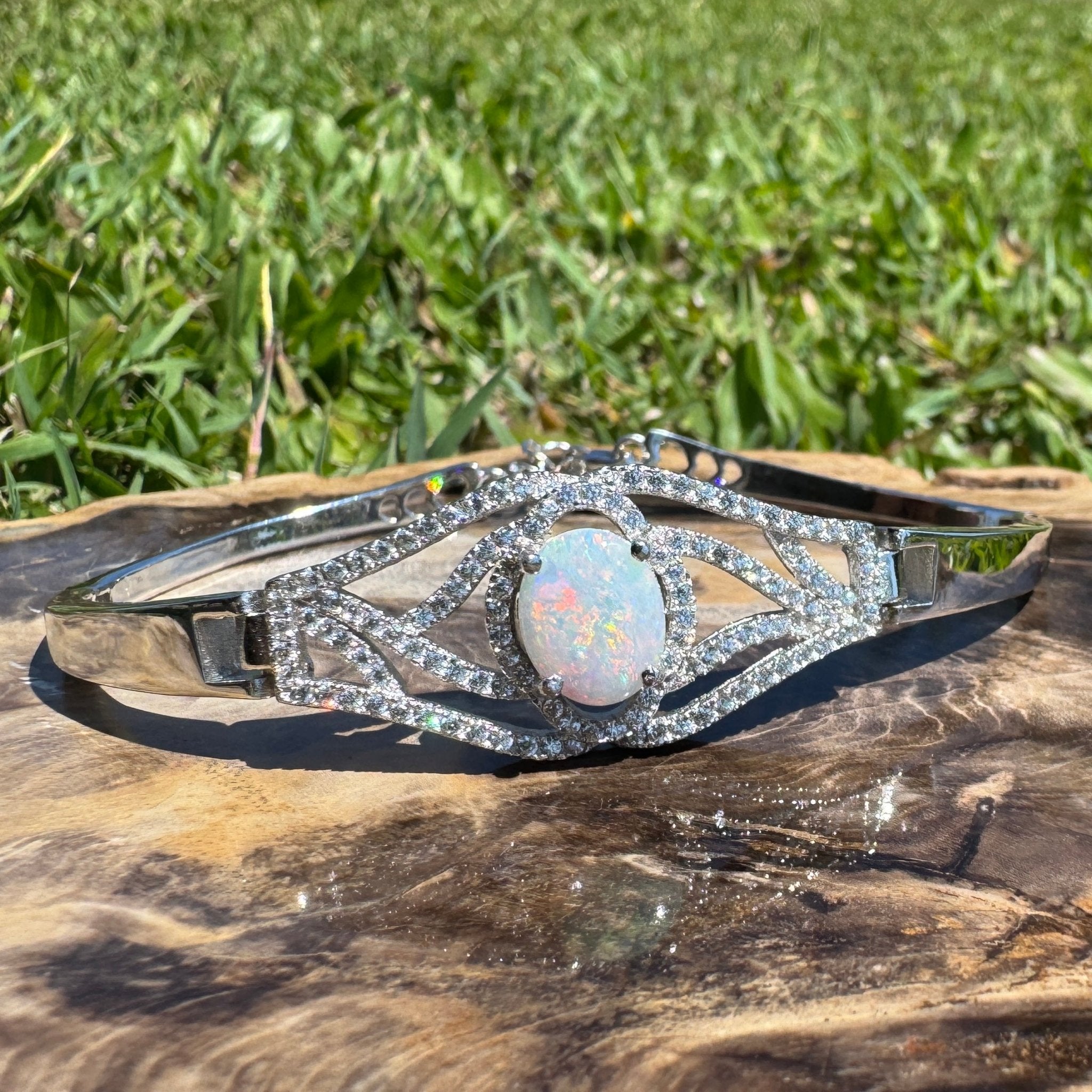 Sydney Shimmer ~ 1ct Coober Pedy Opal and Cubic Zirconia 925 Sterling Silver Bracelet