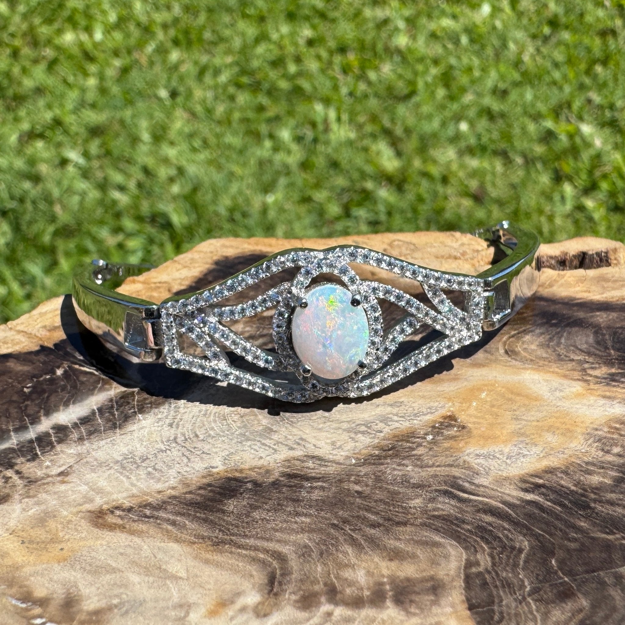 Sydney Shimmer ~ 1ct Coober Pedy Opal and Cubic Zirconia 925 Sterling Silver Bracelet