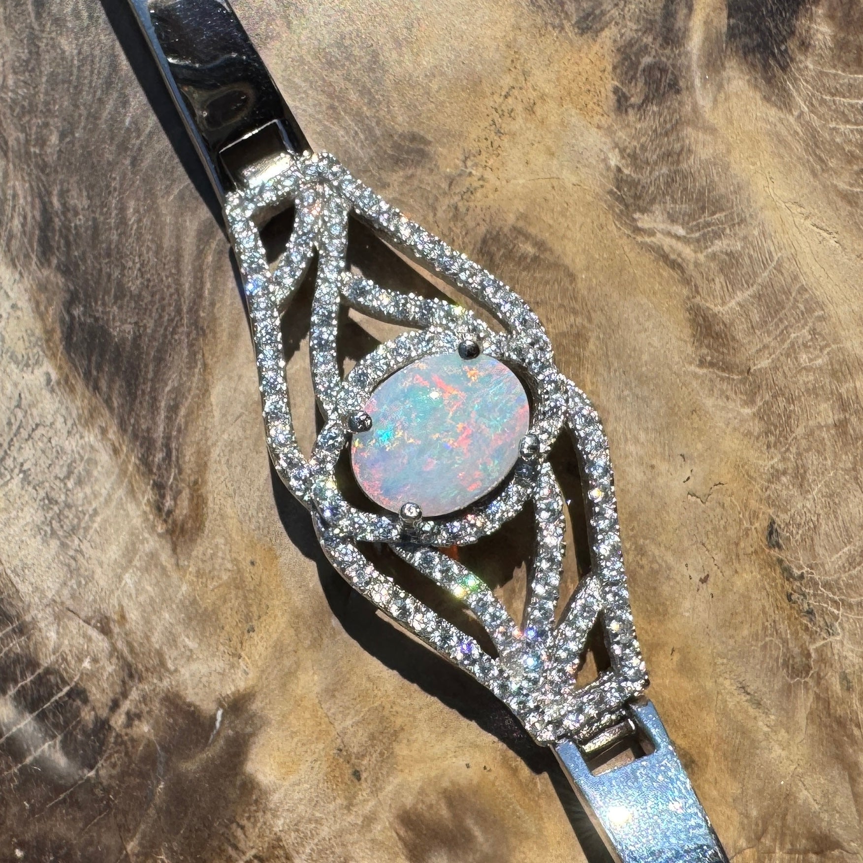 Sydney Shimmer ~ 1ct Coober Pedy Opal and Cubic Zirconia 925 Sterling Silver Bracelet