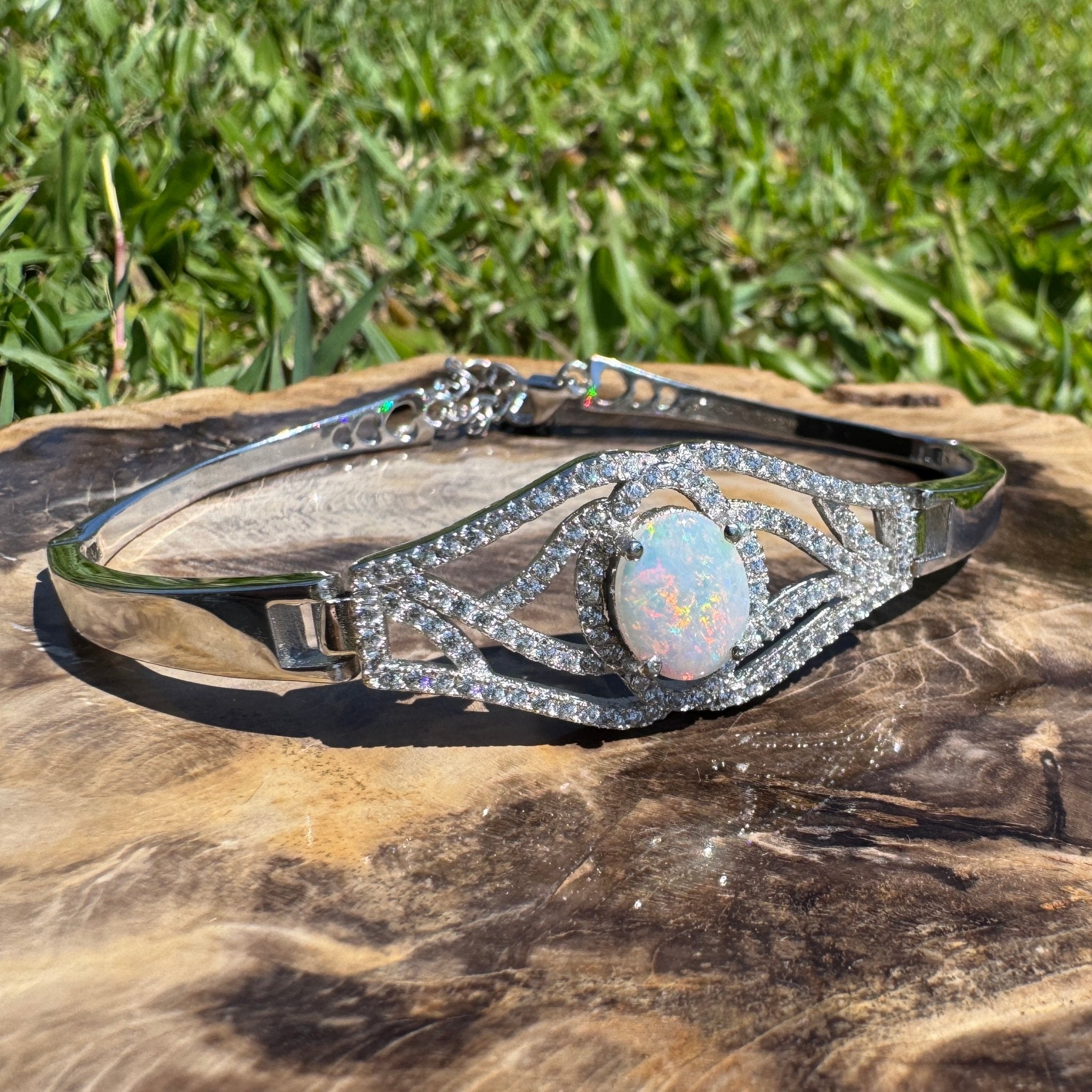 Sydney Shimmer ~ 1ct Coober Pedy Opal and Cubic Zirconia 925 Sterling Silver Bracelet