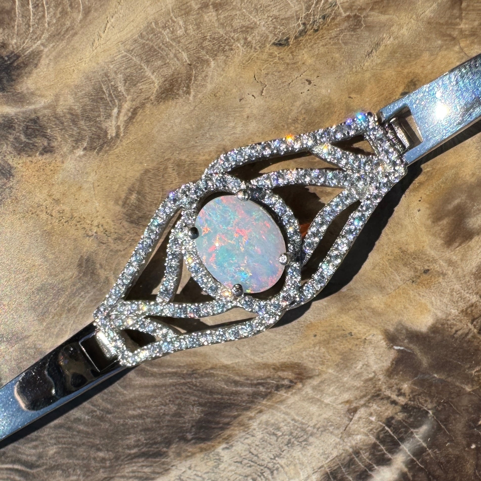 Sydney Shimmer ~ 1ct Coober Pedy Opal and Cubic Zirconia 925 Sterling Silver Bracelet