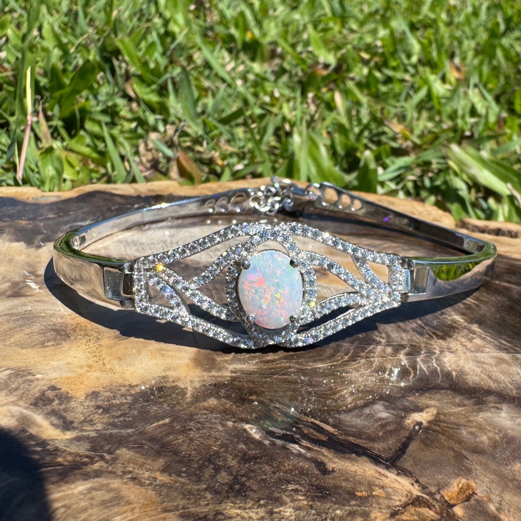 Sydney Shimmer ~ 1ct Coober Pedy Opal and Cubic Zirconia 925 Sterling Silver Bracelet