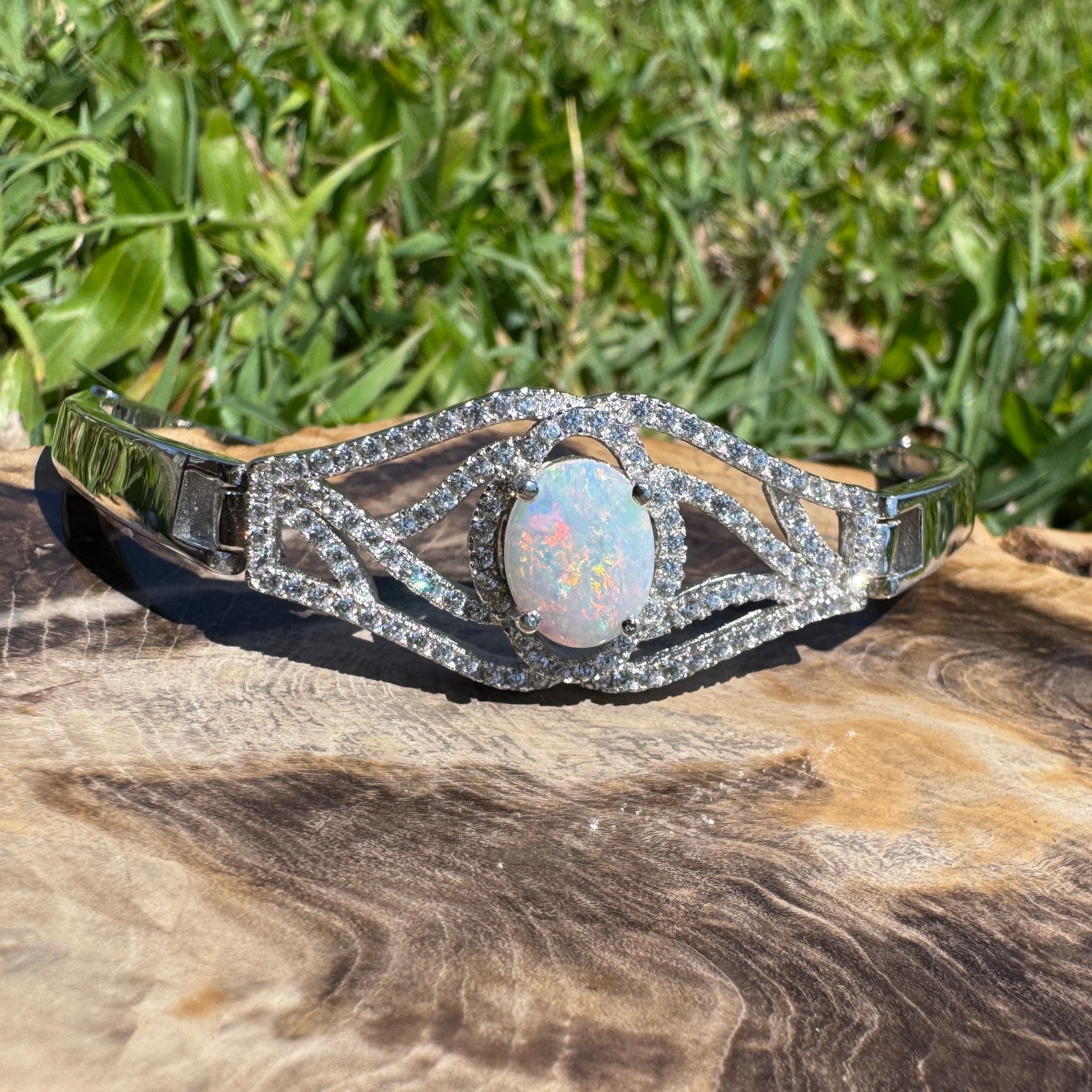 Sydney Shimmer ~ 1ct Coober Pedy Opal and Cubic Zirconia 925 Sterling Silver Bracelet
