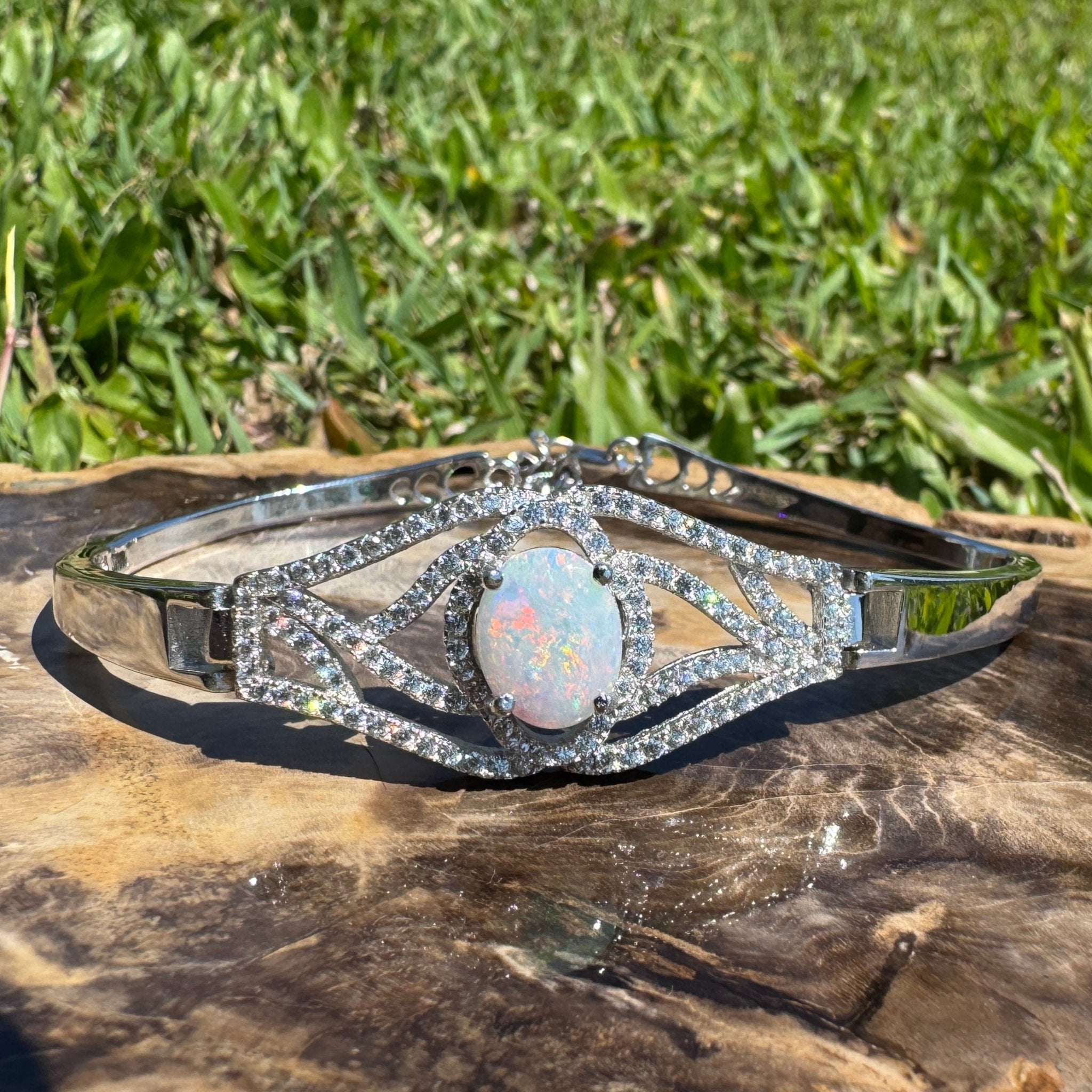 Sydney Shimmer ~ 1ct Coober Pedy Opal and Cubic Zirconia 925 Sterling Silver Bracelet