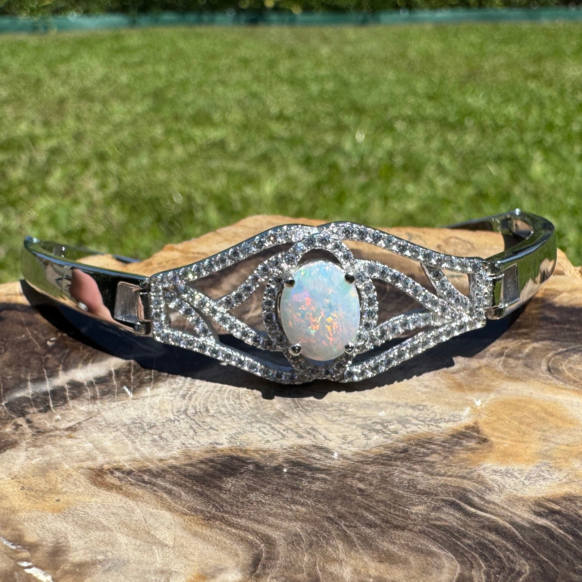 Sydney Shimmer ~ 1ct Coober Pedy Opal and Cubic Zirconia 925 Sterling Silver Bracelet