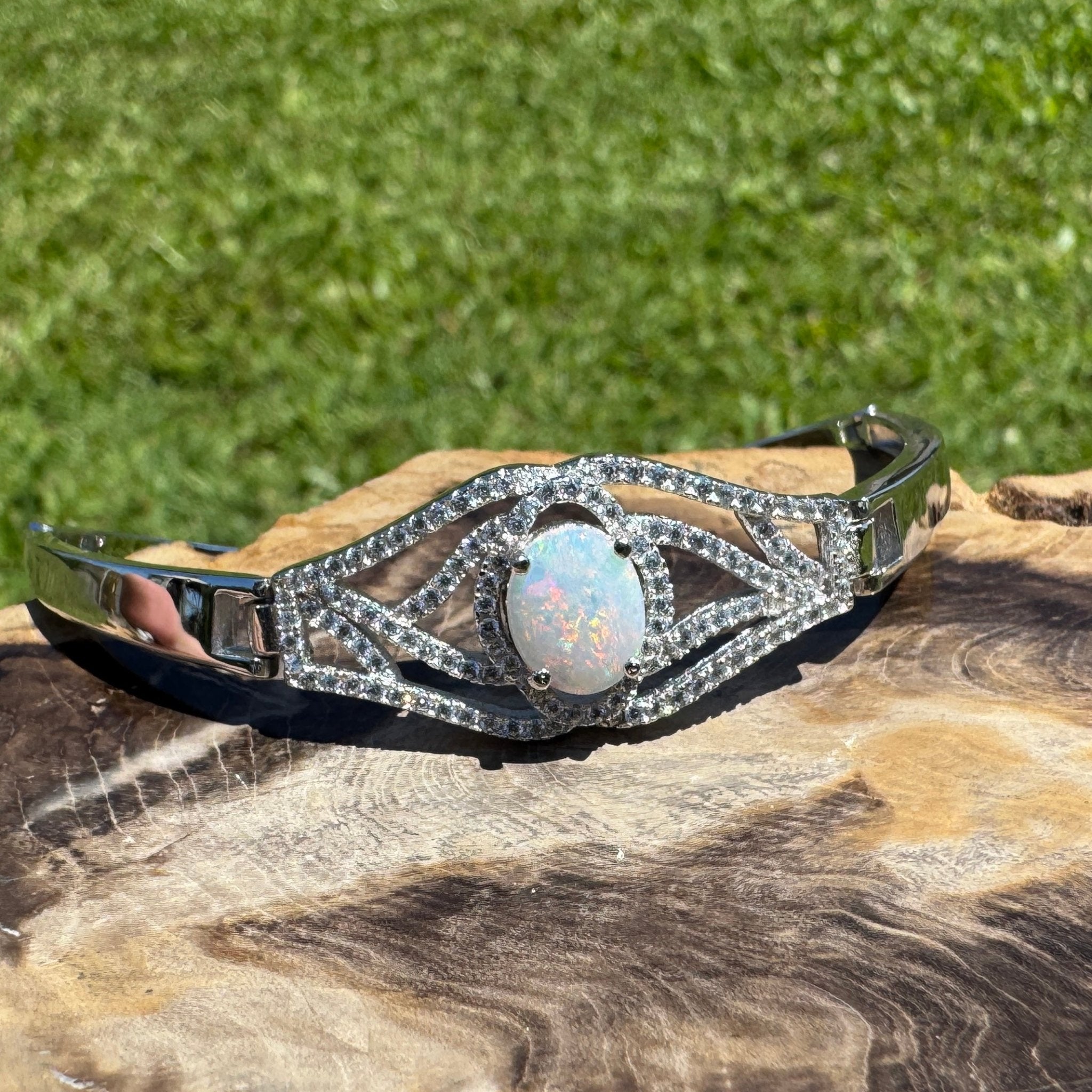 Sydney Shimmer ~ 1ct Coober Pedy Opal and Cubic Zirconia 925 Sterling Silver Bracelet