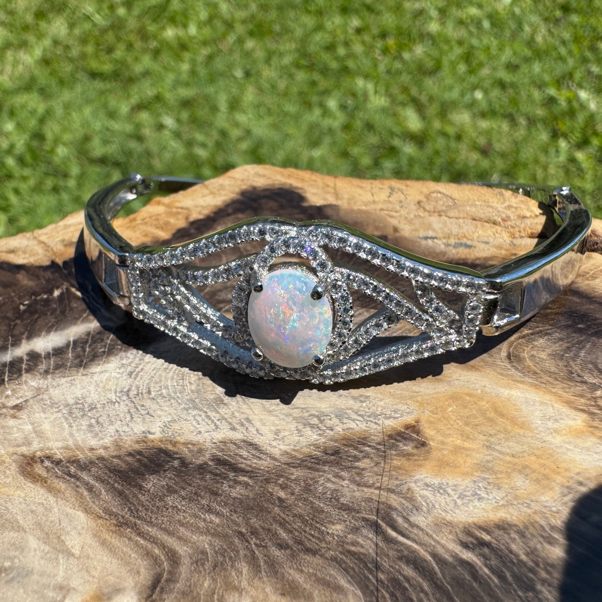 Sydney Shimmer ~ 1ct Coober Pedy Opal and Cubic Zirconia 925 Sterling Silver Bracelet