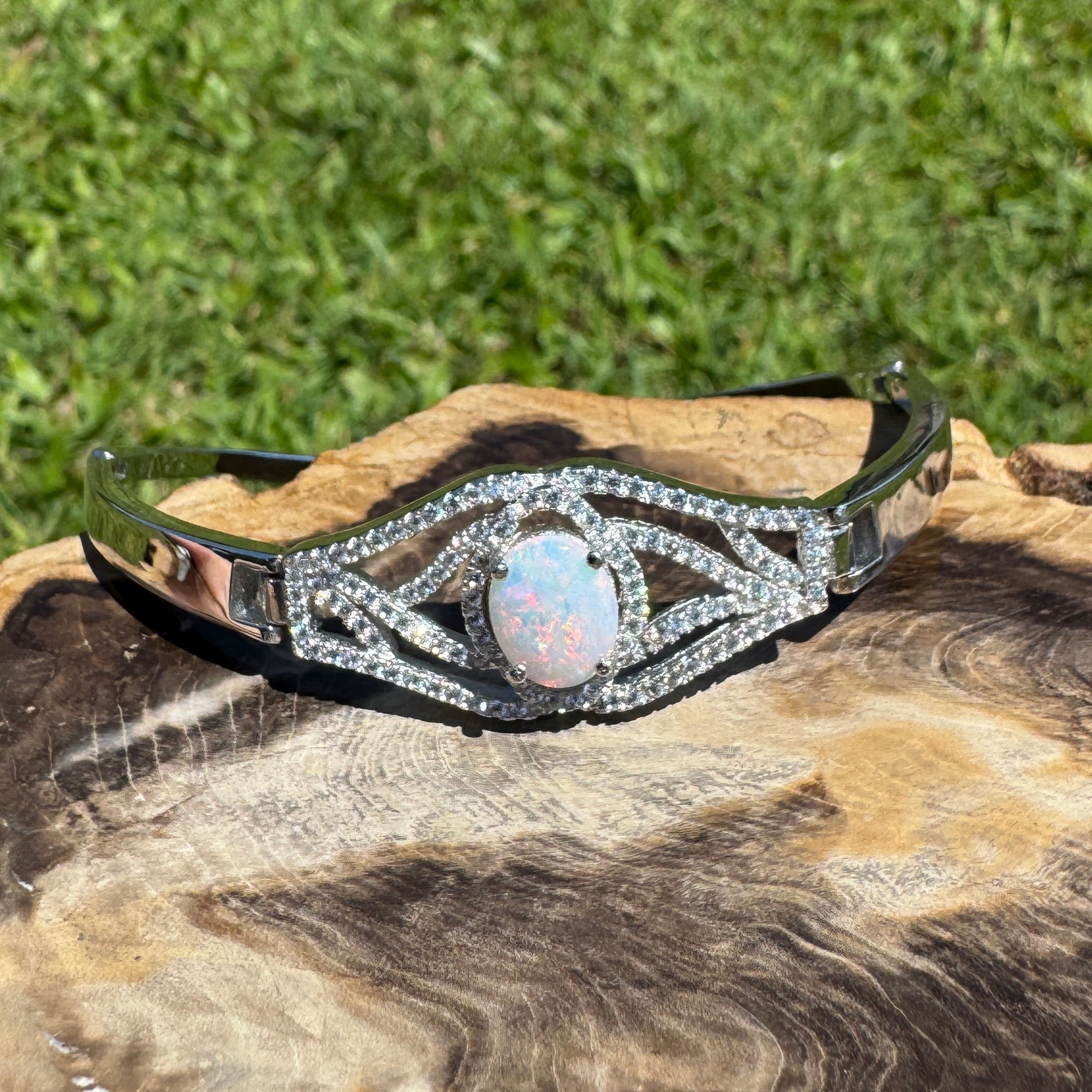 Sydney Shimmer ~ 1ct Coober Pedy Opal and Cubic Zirconia 925 Sterling Silver Bracelet
