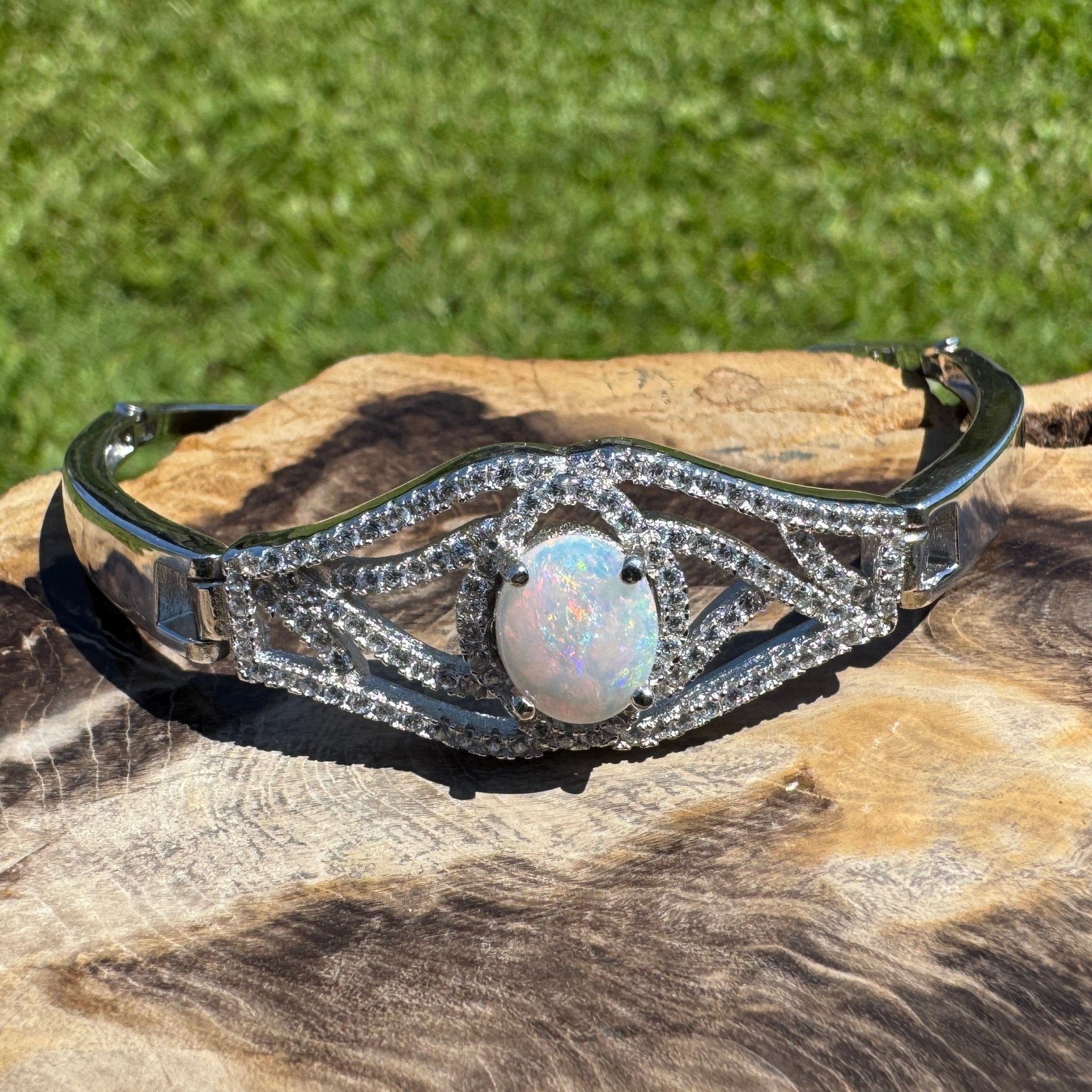 Sydney Shimmer ~ 1ct Coober Pedy Opal and Cubic Zirconia 925 Sterling Silver Bracelet