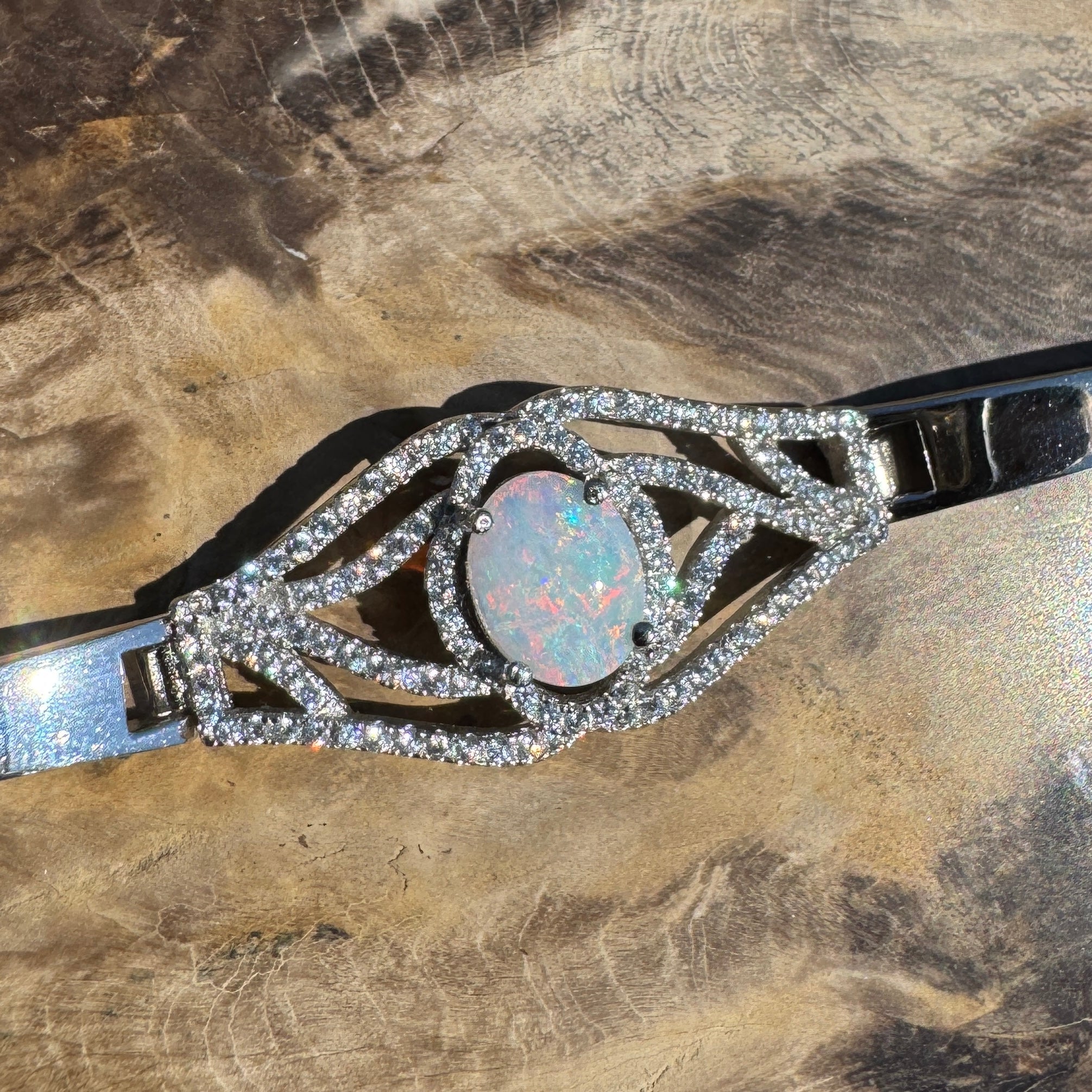Sydney Shimmer ~ 1ct Coober Pedy Opal and Cubic Zirconia 925 Sterling Silver Bracelet