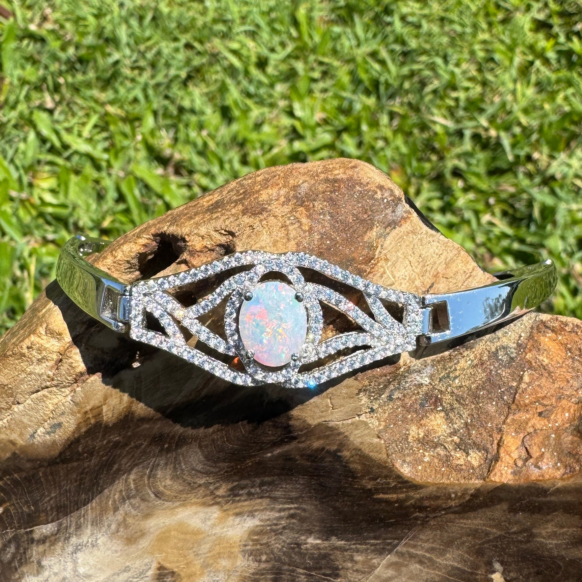 Sydney Shimmer ~ 1ct Coober Pedy Opal and Cubic Zirconia 925 Sterling Silver Bracelet
