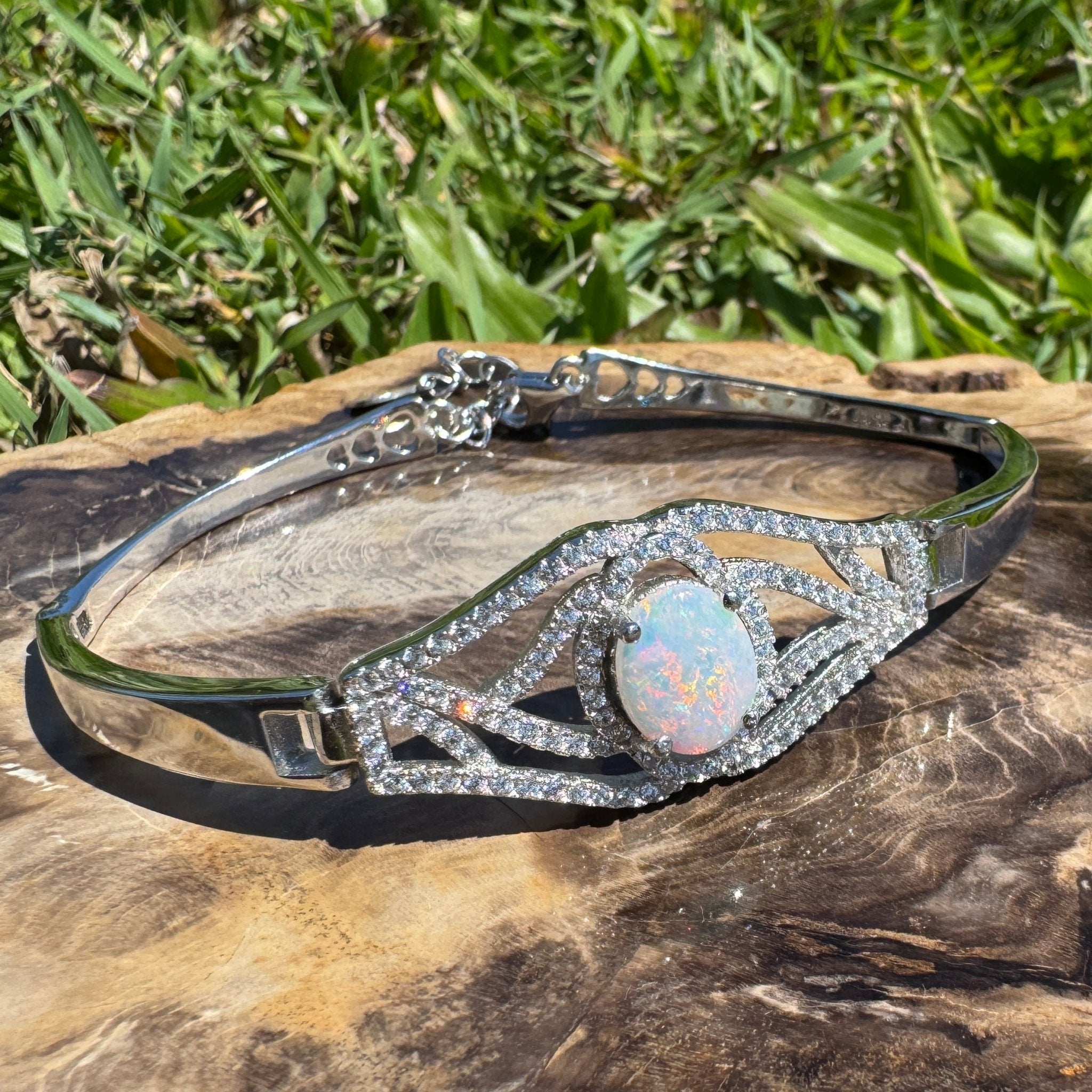 Sydney Shimmer ~ 1ct Coober Pedy Opal and Cubic Zirconia 925 Sterling Silver Bracelet