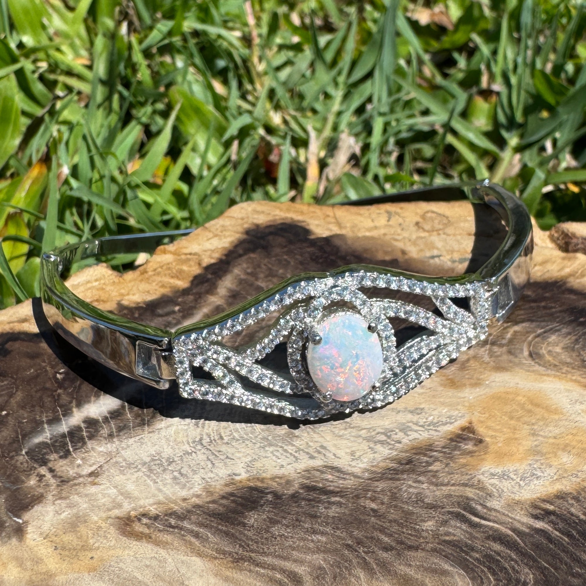 Sydney Shimmer ~ 1ct Coober Pedy Opal and Cubic Zirconia 925 Sterling Silver Bracelet