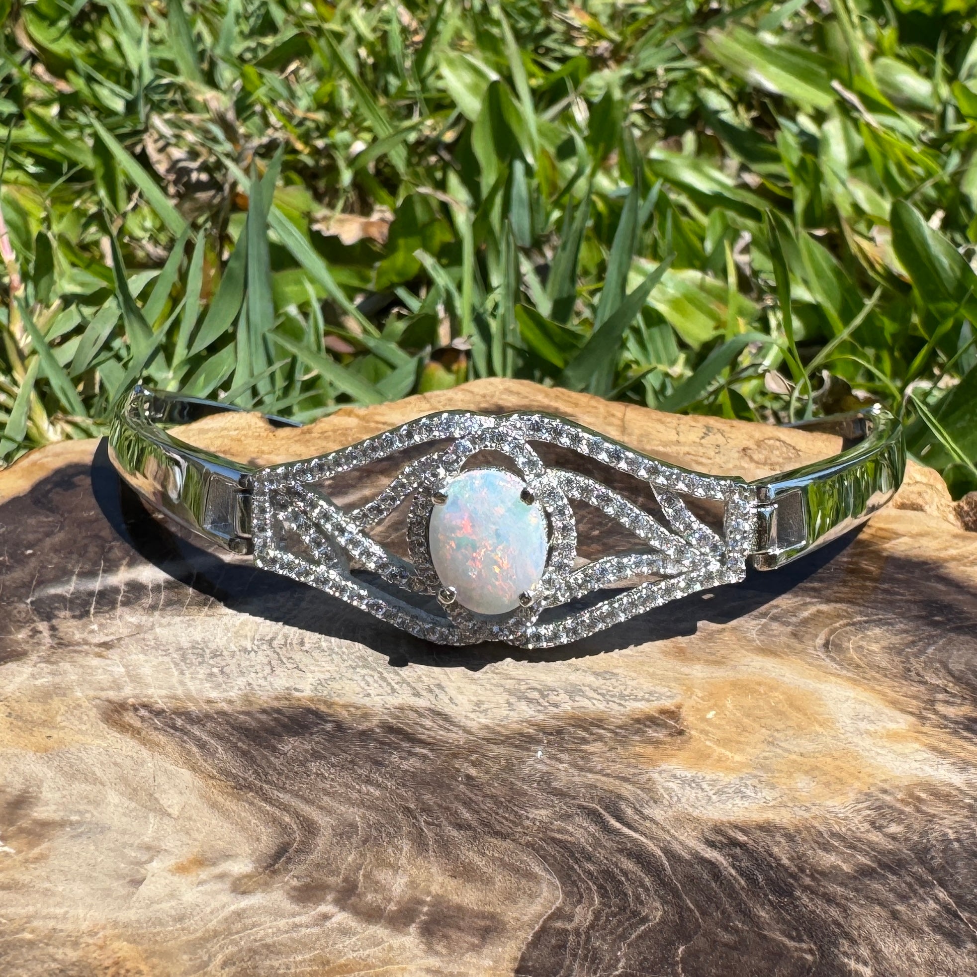 Sydney Shimmer ~ 1ct Coober Pedy Opal and Cubic Zirconia 925 Sterling Silver Bracelet