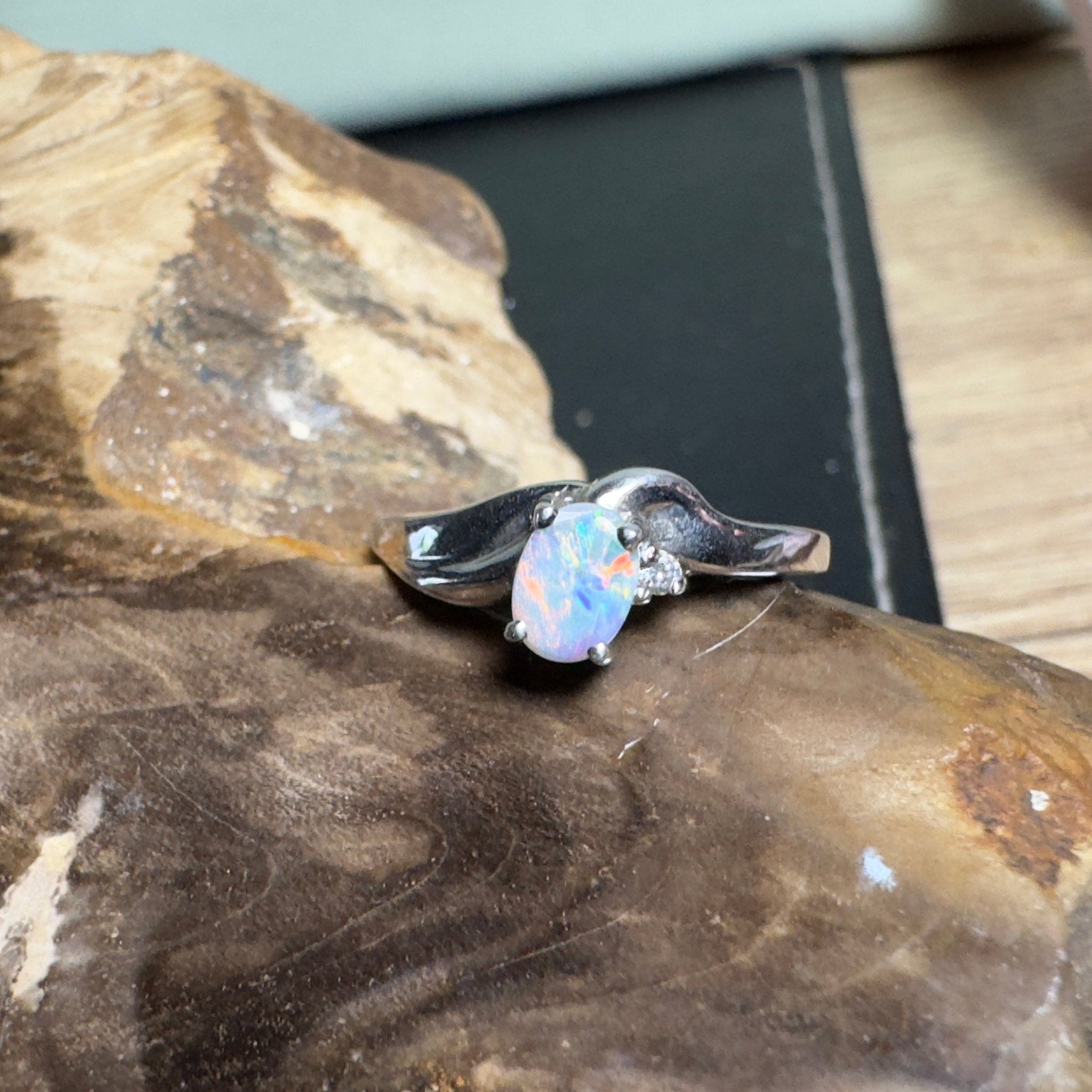 Tasman Break – 0.5ct Solid Lightning Ridge Semi Black Opal 925 Sterling Silver Ring