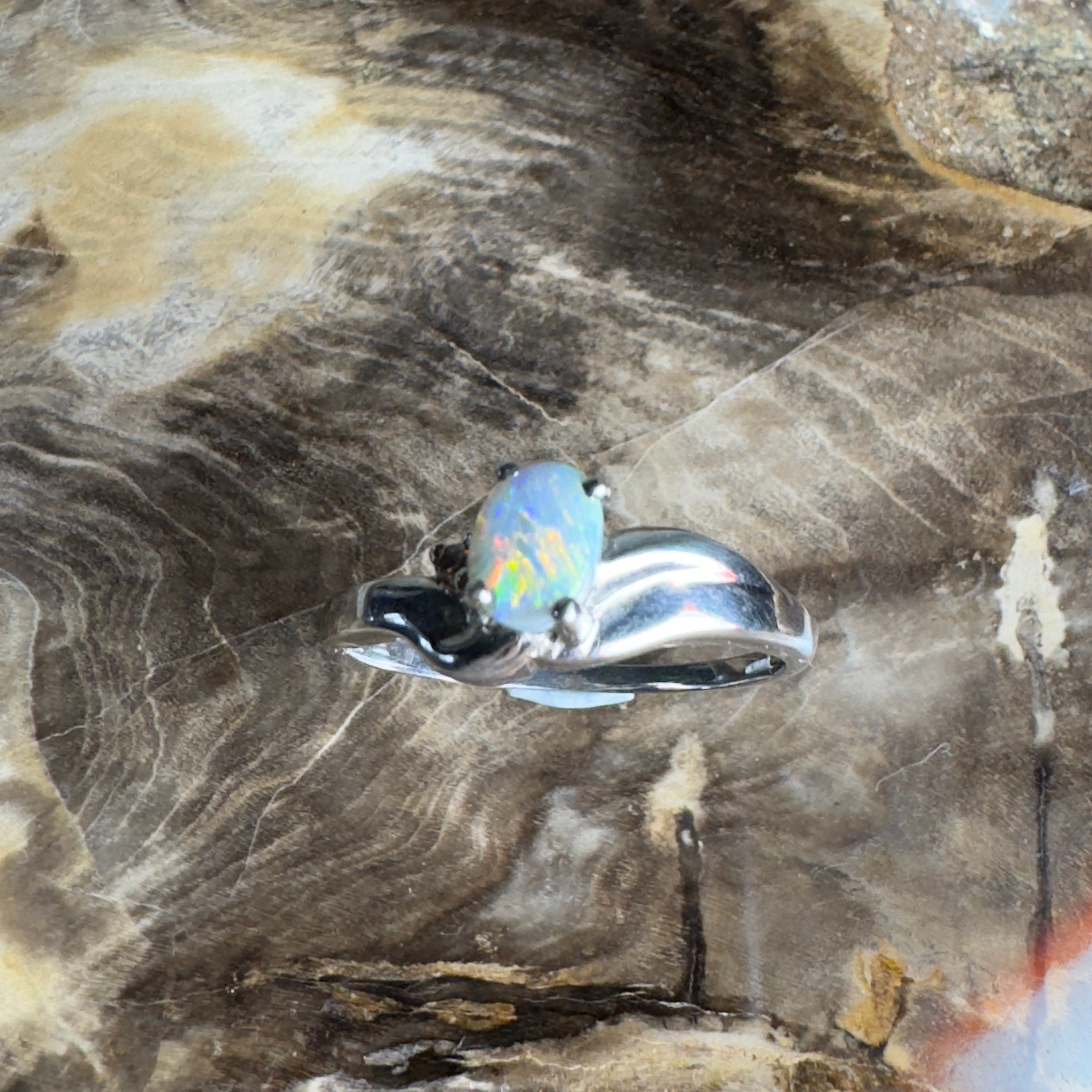 Tasman Break – 0.5ct Solid Lightning Ridge Semi Black Opal 925 Sterling Silver Ring
