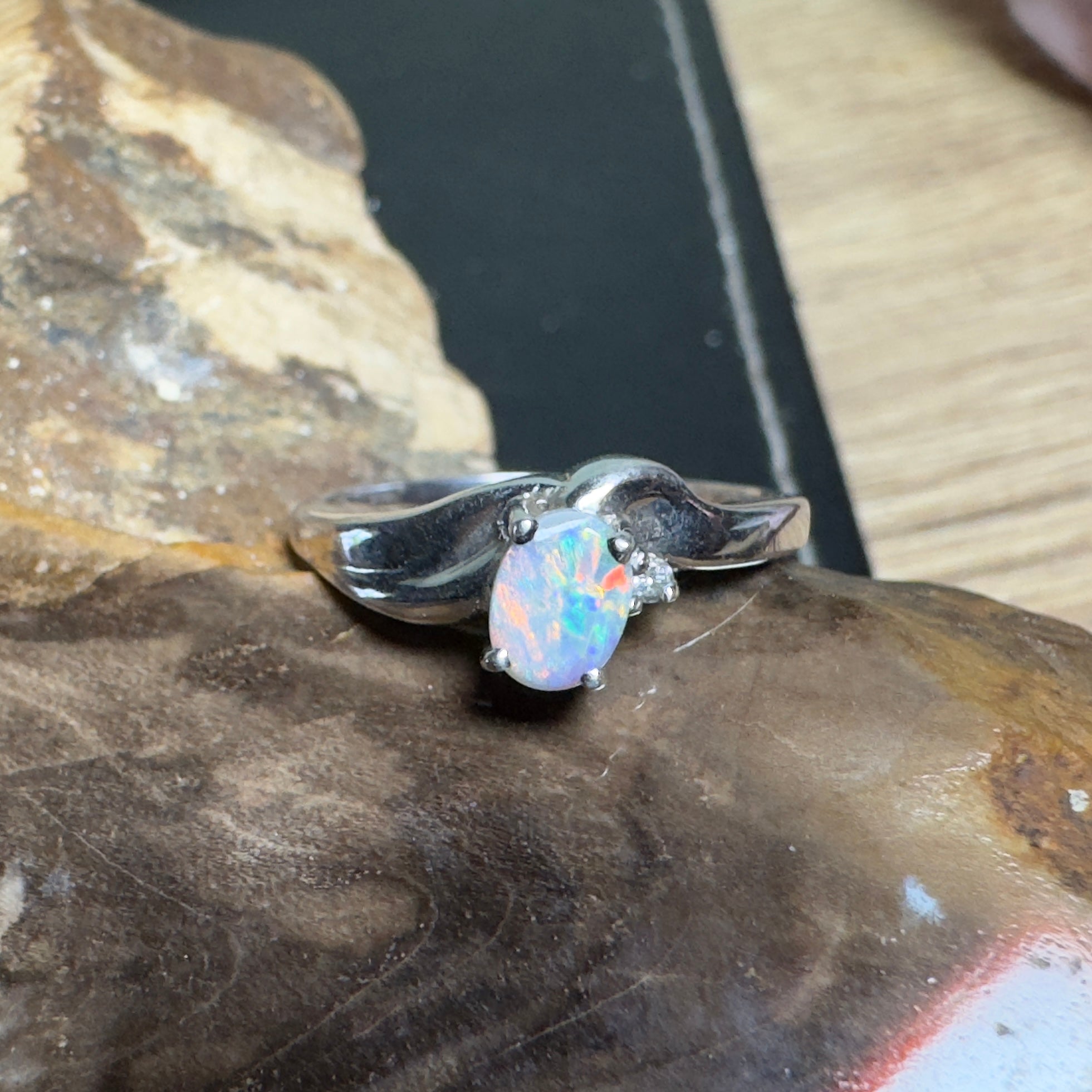 Tasman Break – 0.5ct Solid Lightning Ridge Semi Black Opal 925 Sterling Silver Ring
