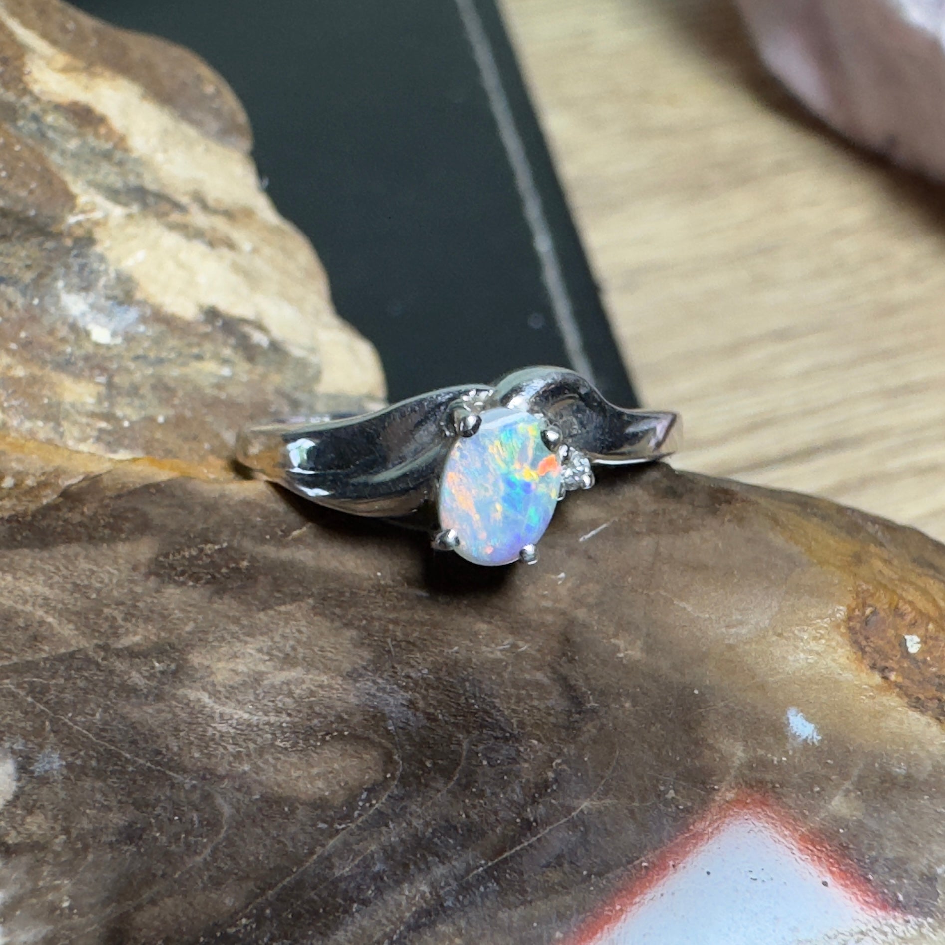 Tasman Break – 0.5ct Solid Lightning Ridge Semi Black Opal 925 Sterling Silver Ring