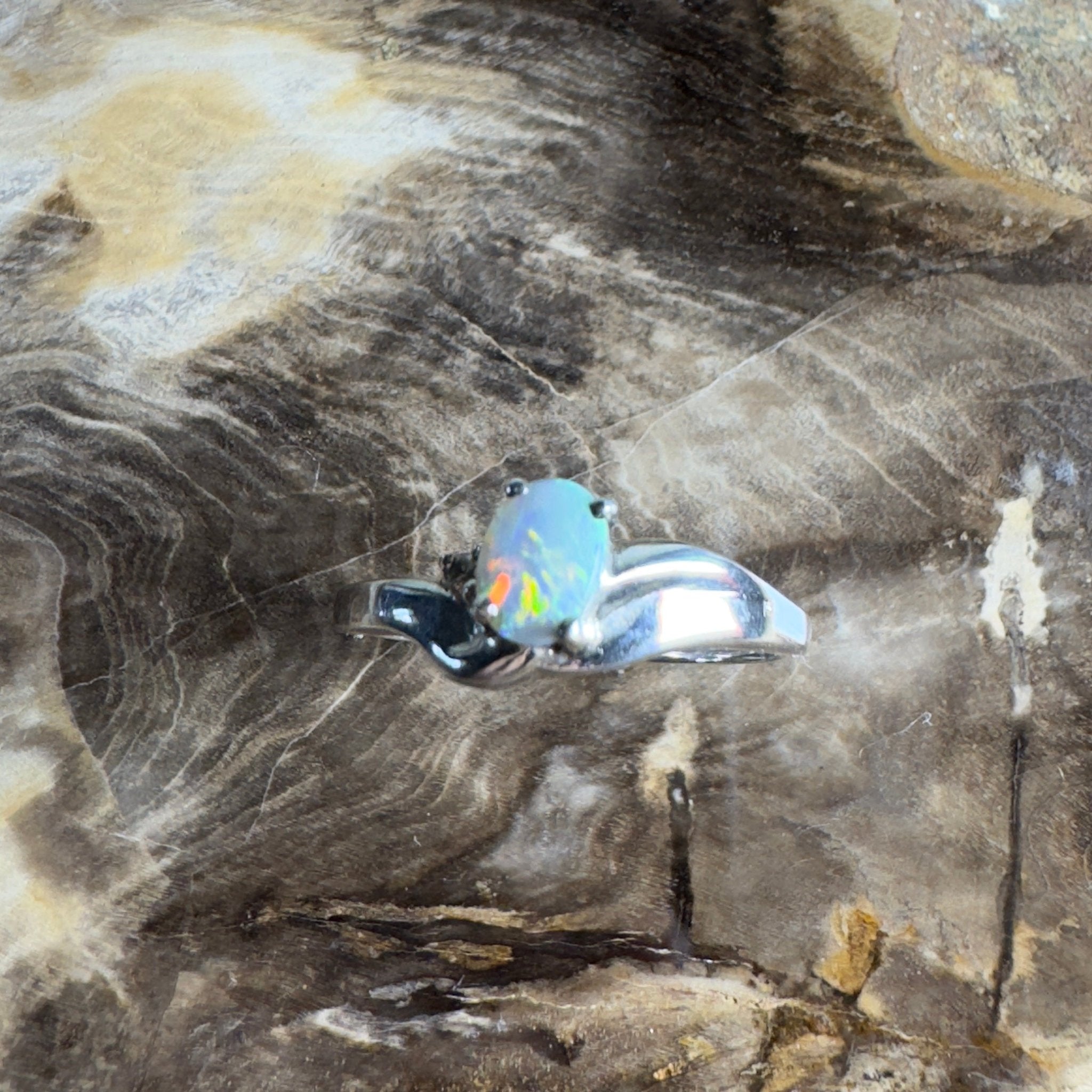 Tasman Break – 0.5ct Solid Lightning Ridge Semi Black Opal 925 Sterling Silver Ring