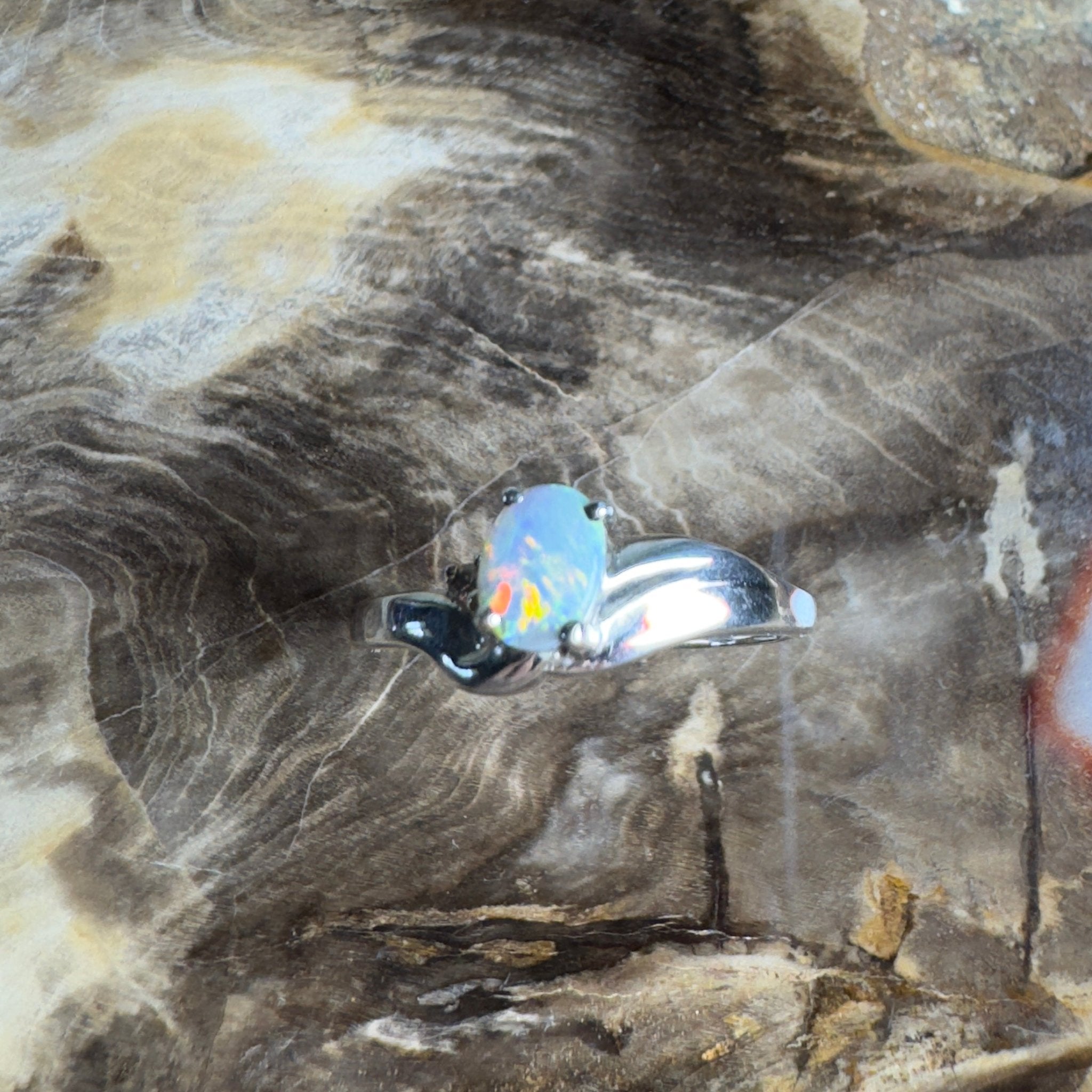 Tasman Break – 0.5ct Solid Lightning Ridge Semi Black Opal 925 Sterling Silver Ring