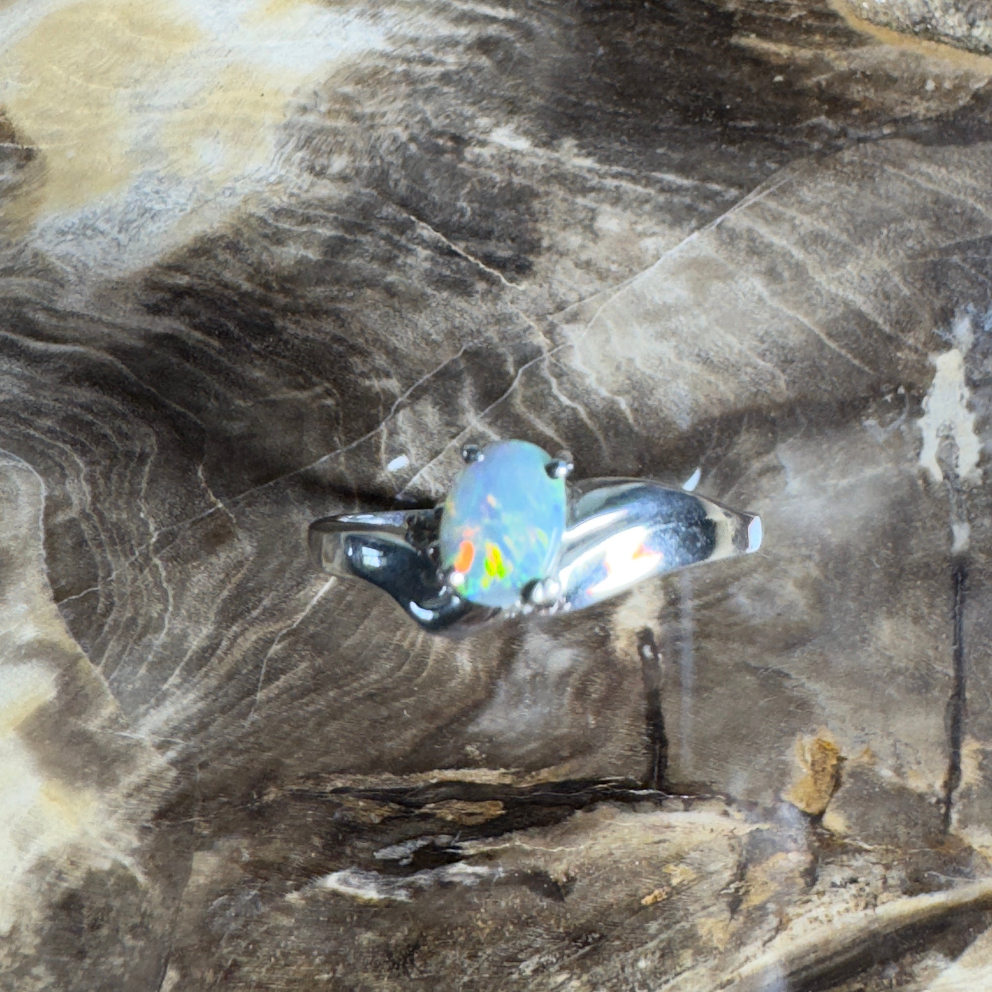 Tasman Break – 0.5ct Solid Lightning Ridge Semi Black Opal 925 Sterling Silver Ring